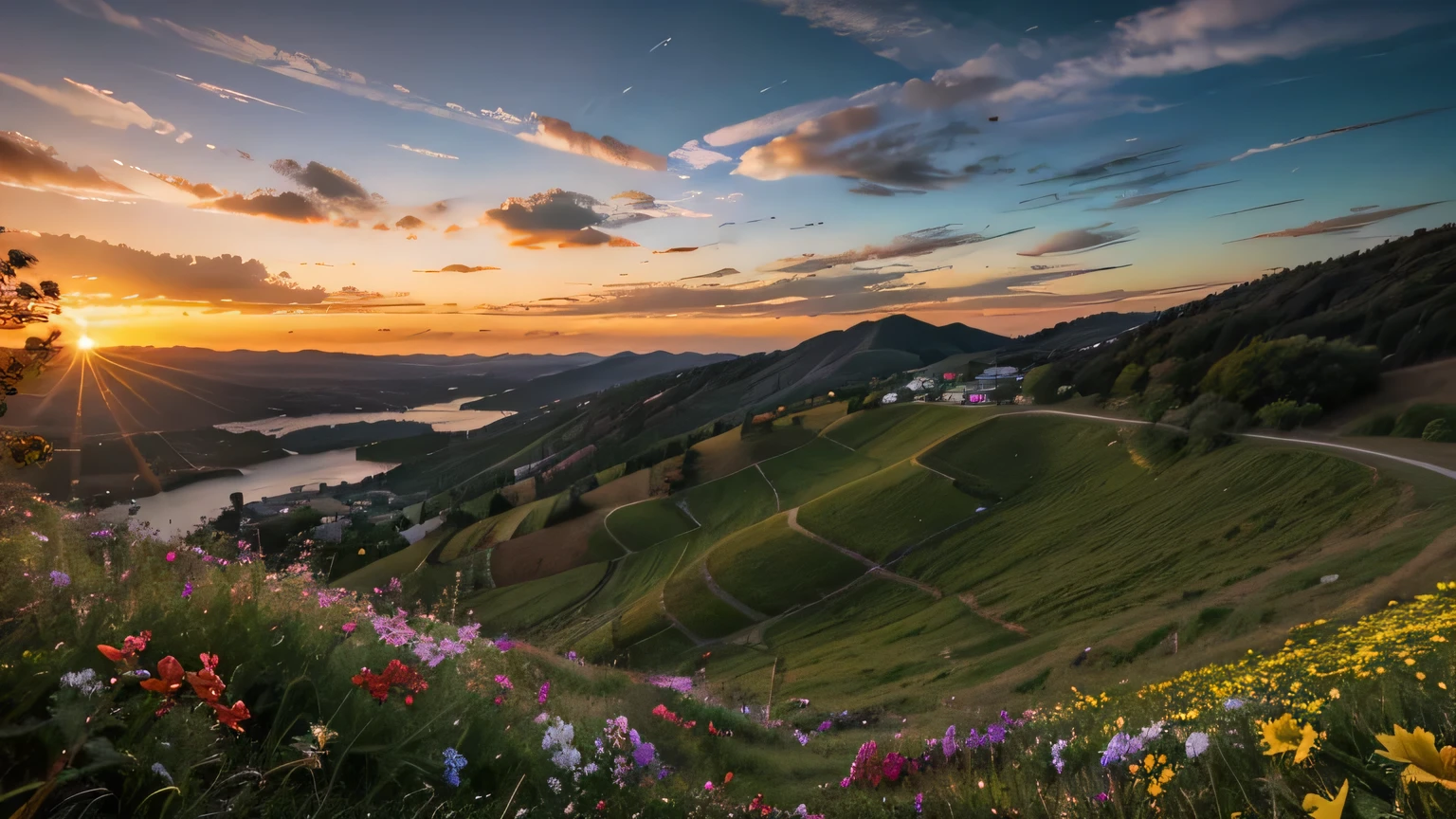 There is a beautiful sunset, the hillside is covered with flowers and plants, the flowers are up close, the colorful sky, the surreal colors, the colorful sunsets, the colorful sky, the marvelous sky reflection, the amazing sky, the fantastic atmosphere 8K, the colorful clouds, the color reflection on the lake, the surreal sky, the red and blue reflection, the fire reflection, the beautiful sky, the beautiful and spectacular dusk, the beautiful dream landscape, the amazing sky