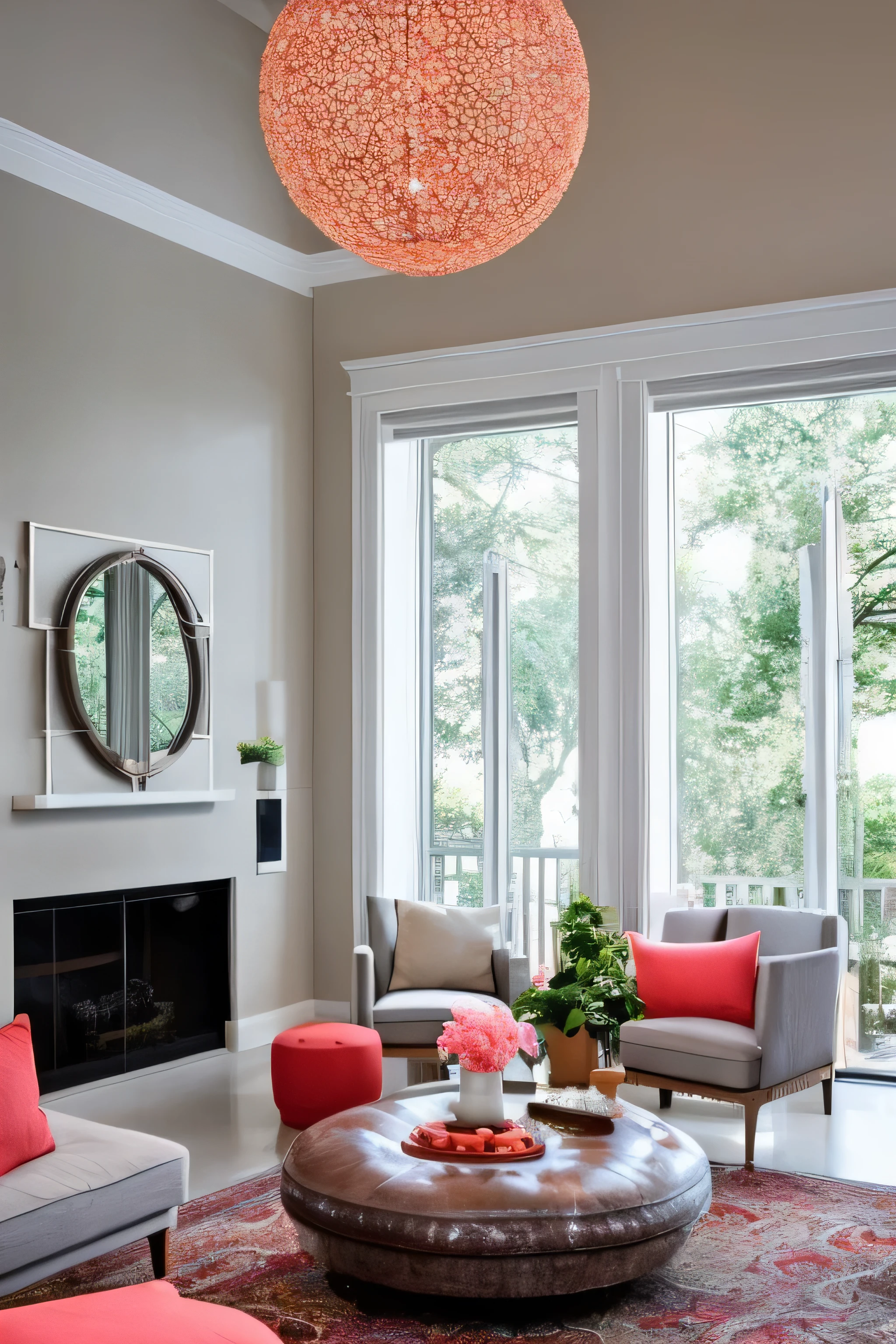 Modern living room with coral and white color scheme. Features a large window with a scenic outdoor view, allowing natural light to flood the room. The space includes white sofas with coral cushions, a coral armchair, and a round coffee table with a gold frame. A decorative coral rug with white patterns lies on the floor. The room is adorned with a large, elegant chandelier and potted plants on a side table. Coral curtains frame the window, complementing the overall color palette. The ceiling is coral with white accents, enhancing the cohesiveness of the design.