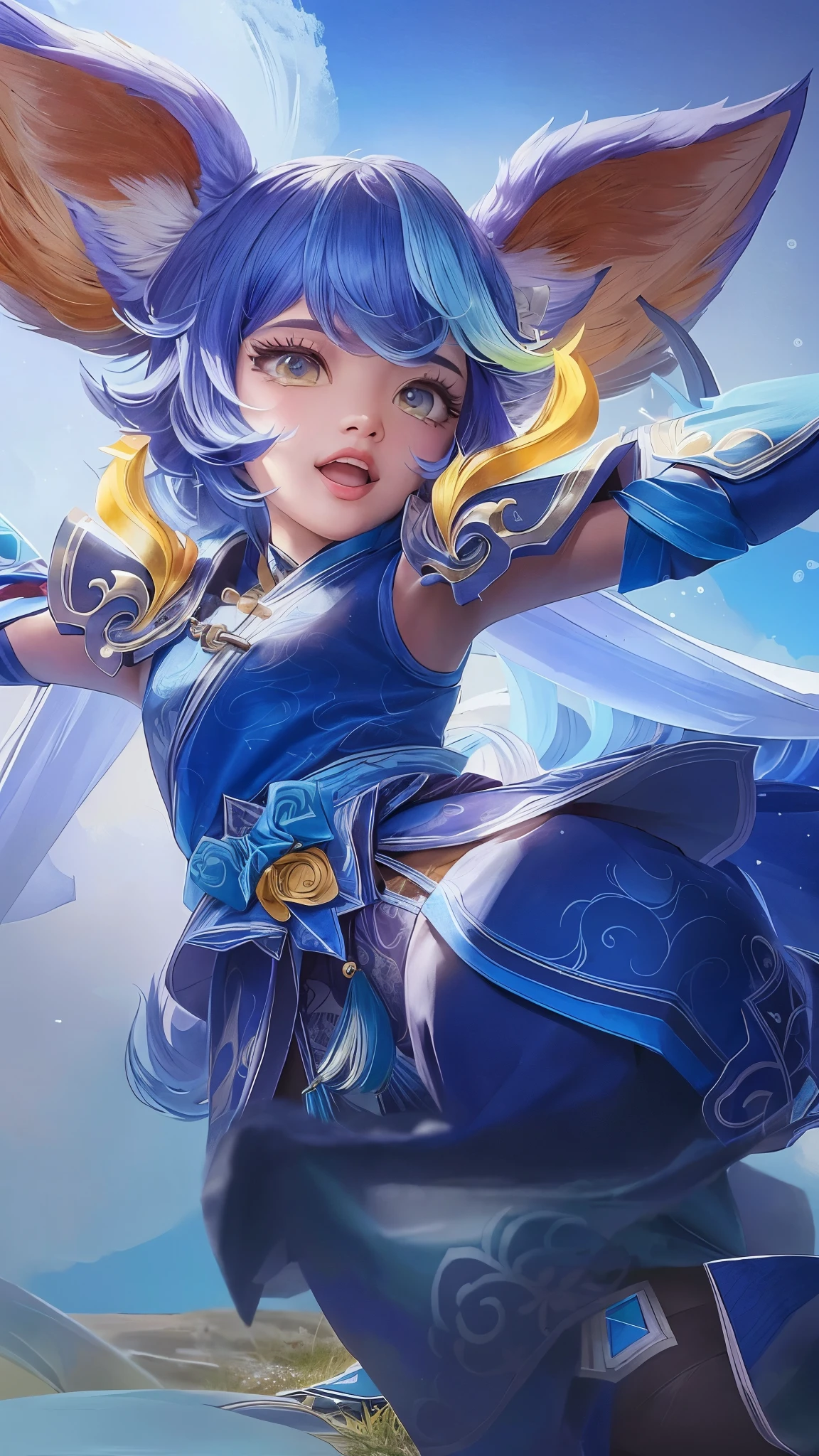 masterpiece,(bestquality),highlydetailed,ultra-detailed

The image features an animated character with anthropomorphic animal features, specifically those of a fox or similar creature. The character has large, pointed ears and is adorned in a vibrant blue outfit that resembles traditional Asian attire, complete with intricate designs and patterns. The character's hair is styled in a dynamic manner, suggesting movement, and the eyes are expressive with a joyful expression.

The background of the image is a soft gradient of blues, giving it a dreamy or ethereal quality. There are hints of what could be floating elements or particles around the character, enhancing the magical or fantastical theme of the artwork. The overall style suggests that this character might be from a video game, animated series, or similar form of media known for its stylized and colorful characters. 
