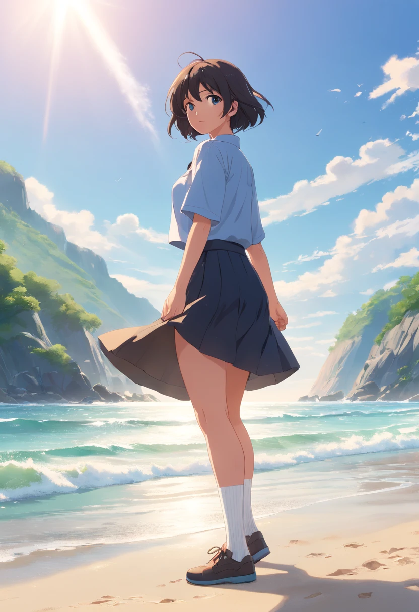 ((masterpiece)), ((best quality)), ((highres)), ((extremely detailed CG unity 8k wallpaper)), solo, tachibana kanade, tan , black skirt, white socks, outdoors, face, curtained hair, beach, parted hair, silver hair