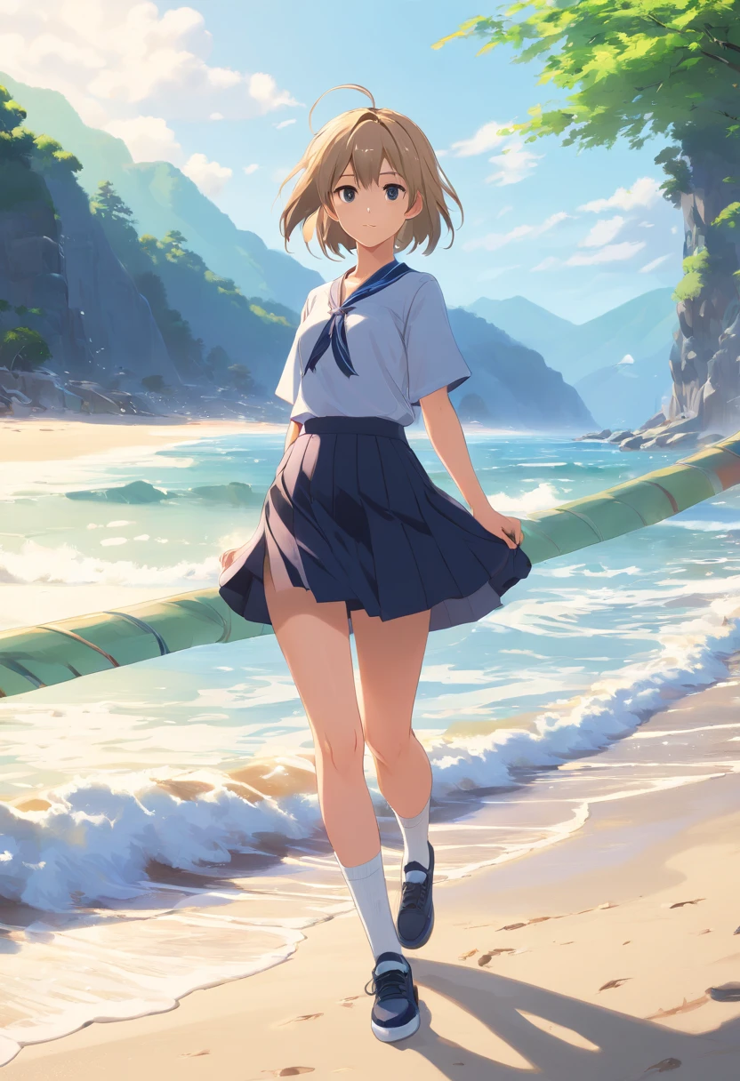 ((masterpiece)), ((best quality)), ((highres)), ((extremely detailed CG unity 8k wallpaper)), solo, tachibana kanade, tan , black skirt, white socks, outdoors, face, curtained hair, beach, parted hair, silver hair