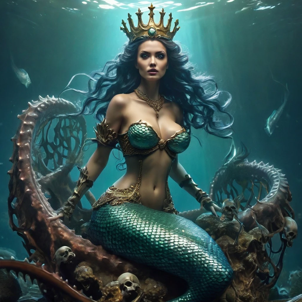 The terrifyingly  Frightening mermaid queen.  Full body shot. attacker , Needle teeth behind thin lips. Huge fishy eyes . A crown made of human bones . A bra made of skulls , sharp claws. Riding a huge kraken, Hyperdetalization. Hyperrealism . Frightening , fear, Horror. Great idea, gloomy atmosphere. brightest contrasting colors. 32k. octane render. 32k anatomically perfect, High Resolution, High Quality , Masterpiece