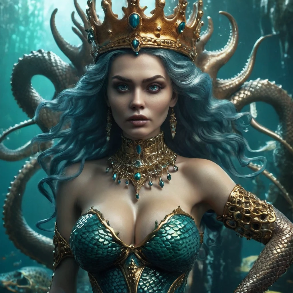 The terrifyingly Frightening mermaid queen. Full body shot. attacker , Needle teeth behind thin lips. Huge fishy eyes . A crown made of human bones . A bra made of skulls , sharp claws. Riding a huge kraken, Hyperdetalization. Hyperrealism . Frightening , fear, Horror. Great idea, gloomy atmosphere. brightest contrasting colors. 32k. octane render. 32k anatomically perfect, High Resolution, High Quality , Masterpiece