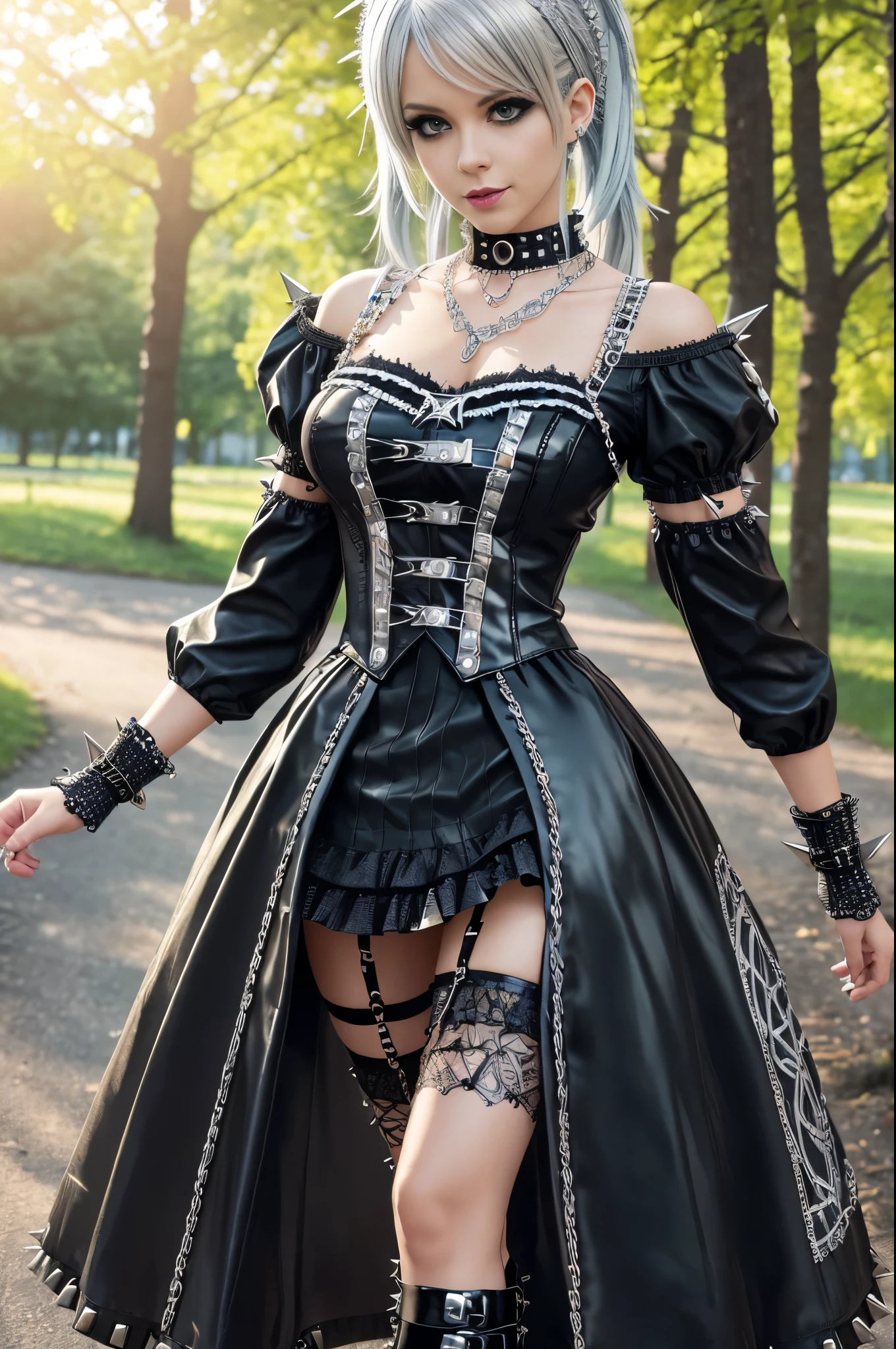 sexy stylish Swedish model, only 1 female, long multicolor stylish hair, ((shiny Punk-Style boots)), smile, Punk makeup, lipgloss, ((sexy Punk Lolita cosplay)), unconventional skirt, petticoats, high neckline, ((ultra detailed lace)), ((ultra detailed embroidery)), intricate details, tartan patterns, ((silver chains)), ((silver spikes)), ((safety pins)), Punk Lolita accessoires, Punk Lolita choker, ((large sparkling Punk Lolita jewelry)), cinematic light, detailed large park background with trees 