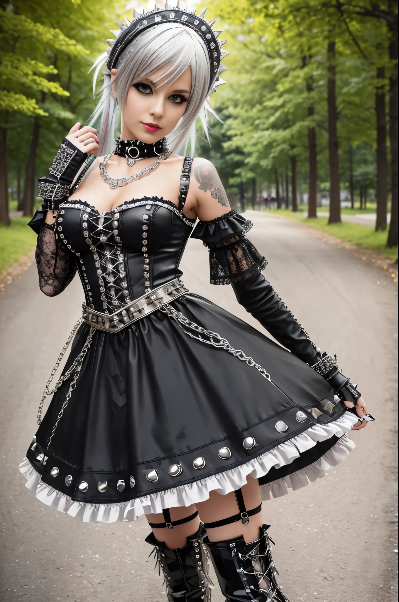 sexy stylish Swedish model, only 1 female, long multicolor stylish hair, ((shiny Punk-Style boots)), smile, Punk makeup, lipgloss, ((sexy Punk ta cosplay)), unconventional skirt, petticoats, high neckline, ((ultra detailed lace)), ((ultra detailed embroidery)), intricate details, tartan patterns, ((silver chains)), ((silver spikes)), ((safety pins)), Punk Loliccessoires, Punk Lolita cr, ((large sparkling Punk Lolita jewel, cinematic light, detailed large park background with trees