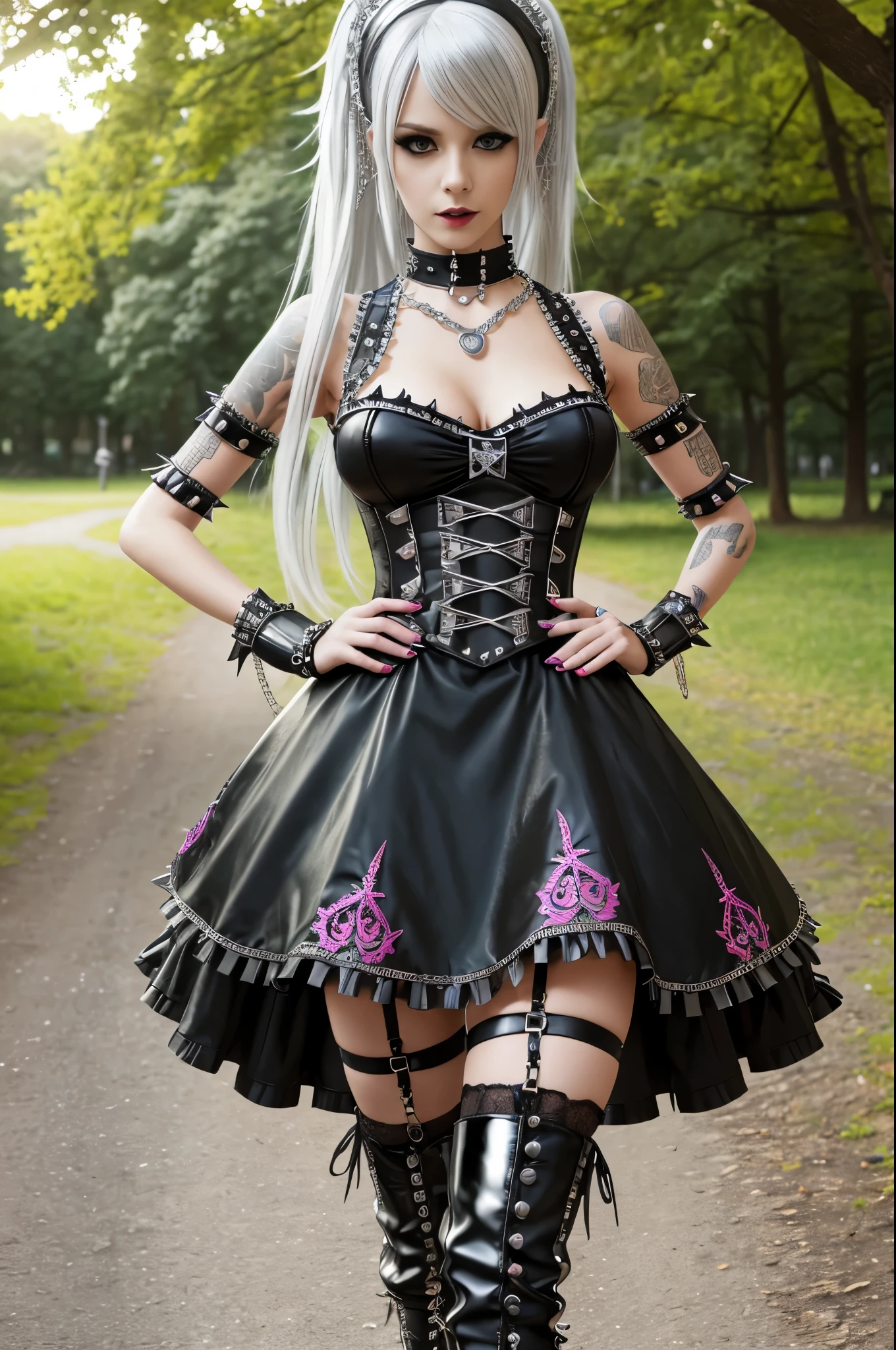 sexy stylish German model, only 1 female, long multicolor stylish hair, ((shiny Punk-Style boots)), smile, Punk makeup, lipgloss, ((sexy Punk Lolita cosplay)), unconventional skirt, petticoats, high neckline, ((ultra detailed lace)), ((ultra detailed embroidery)), intricate details, tartan patterns, ((silver chains)), ((silver spikes)), ((safety pins)), Punk Lolita accessoires, Punk Lolita choker, ((large sparkling Punk Lolita jewelry)), cinematic light, detailed large park background with trees