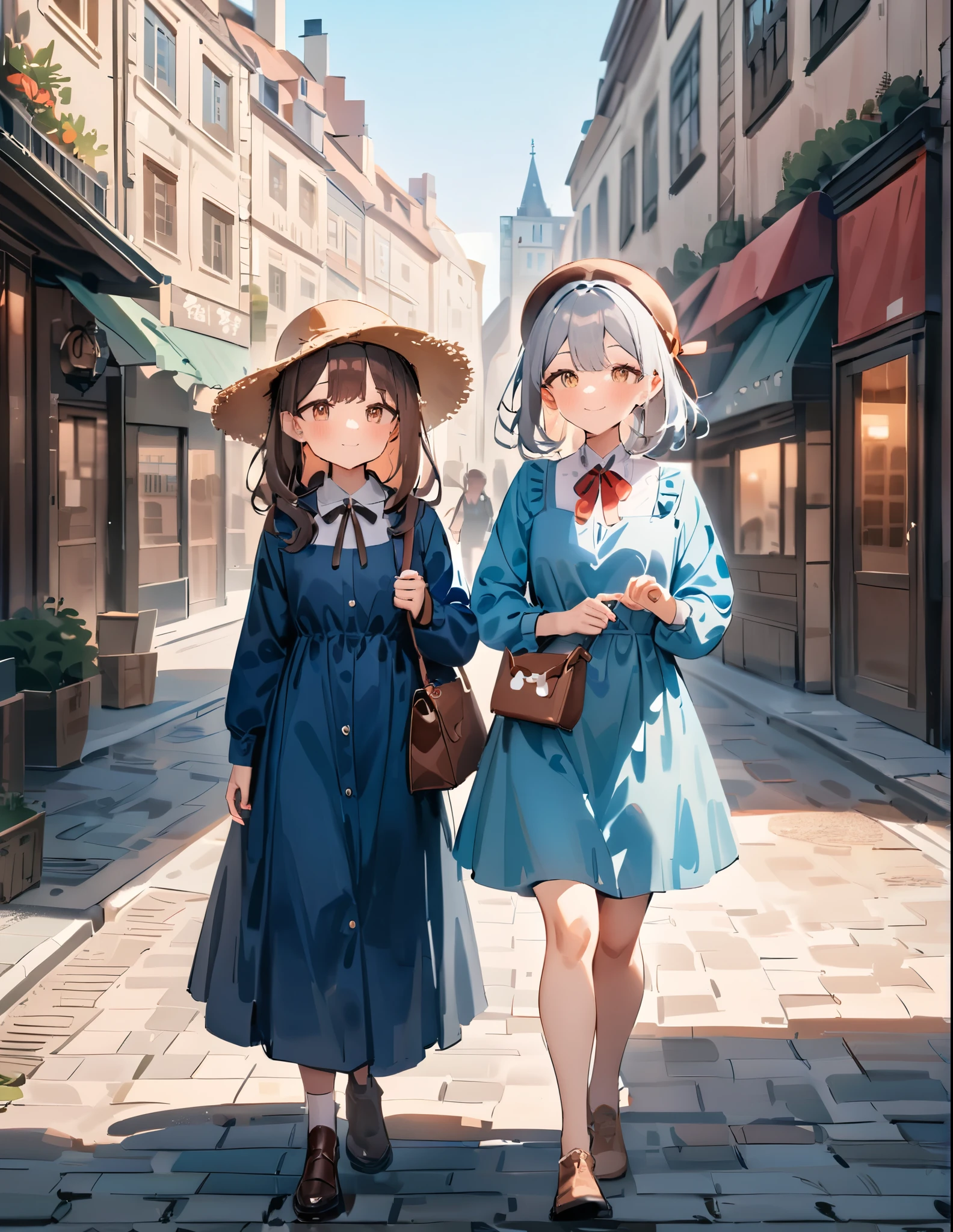 masterpiece, best quality, very aesthetic, absurdres, newest, long hair, looking at viewer, smileing, cowboy shot, bangs, multiple girls, brown hair, long sleeves, hat, dress, bow, ribbon, holding, 2girls, brown eyes, closed mouth, walking, grey hair, outdoors, shoes, day, bowtie, bag, red ribbon, neck ribbon, blue dress, animal, brown footwear, cat, building, scenery, backlighting, reflection, walking, sun hat, shoulder bag, european city, road, black cat, street, brown bow