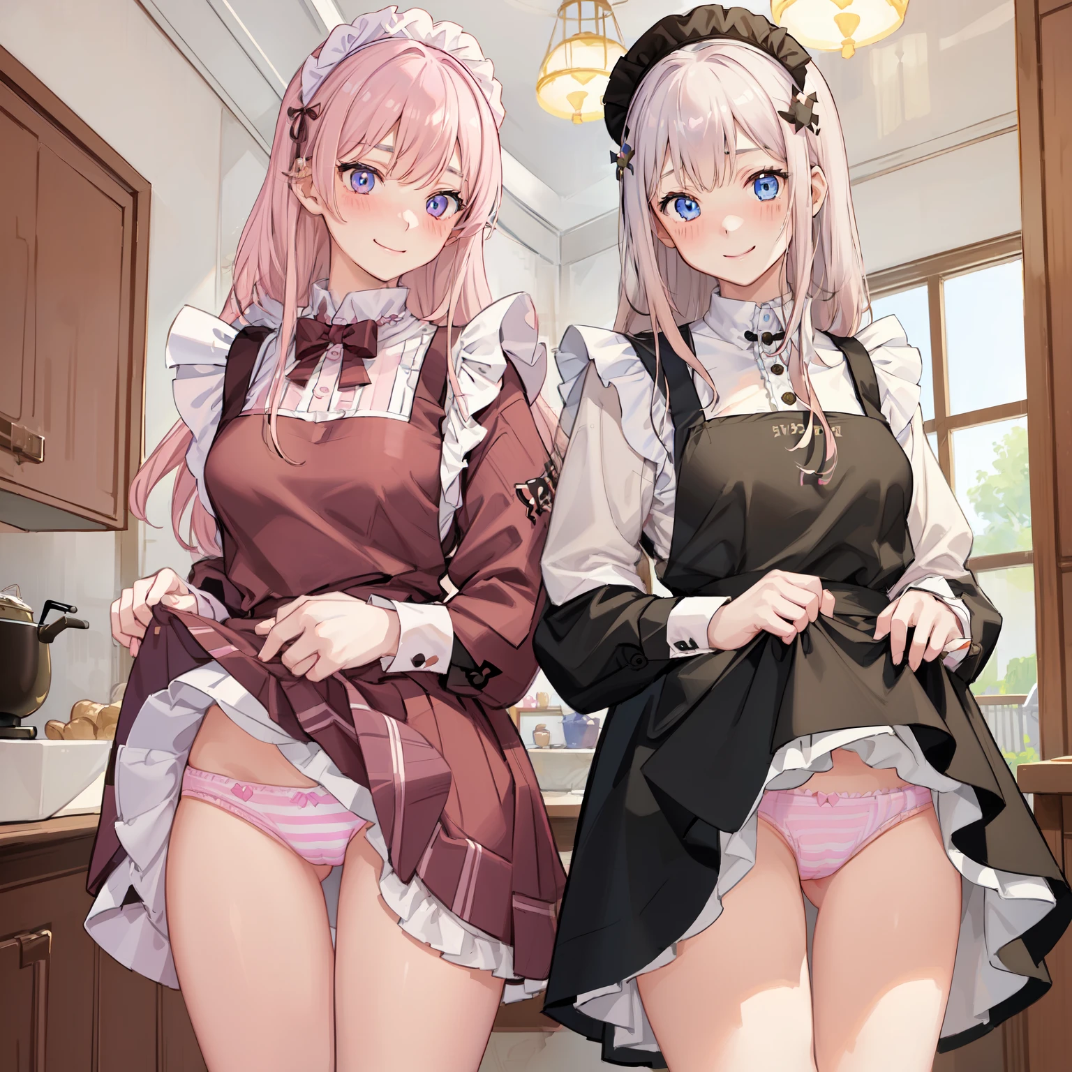 highest quality、masterpiece、((2 girls:1.5))、((smile:1.3))、(blush:1.3)、Black Shirt、blouse、((fun!!))、(Small breasts)、()、Blonde、(Long sleeve)、((White apron:1.5))、((Maid))、((hair ornaments)),、Kamimei、look at me、 ((in house:1.5))、 Taking a break from watching the audience、Cowboy Shot、(Skirt lift:1.3),(Highly detailed pink striped panties:1.3)、(Highly detailed panties:1.3)、、(スカート that rolls up:1.3)、(Panties fully exposed:1.5)、Light blue eyes、long hair、Glowing Eyes
