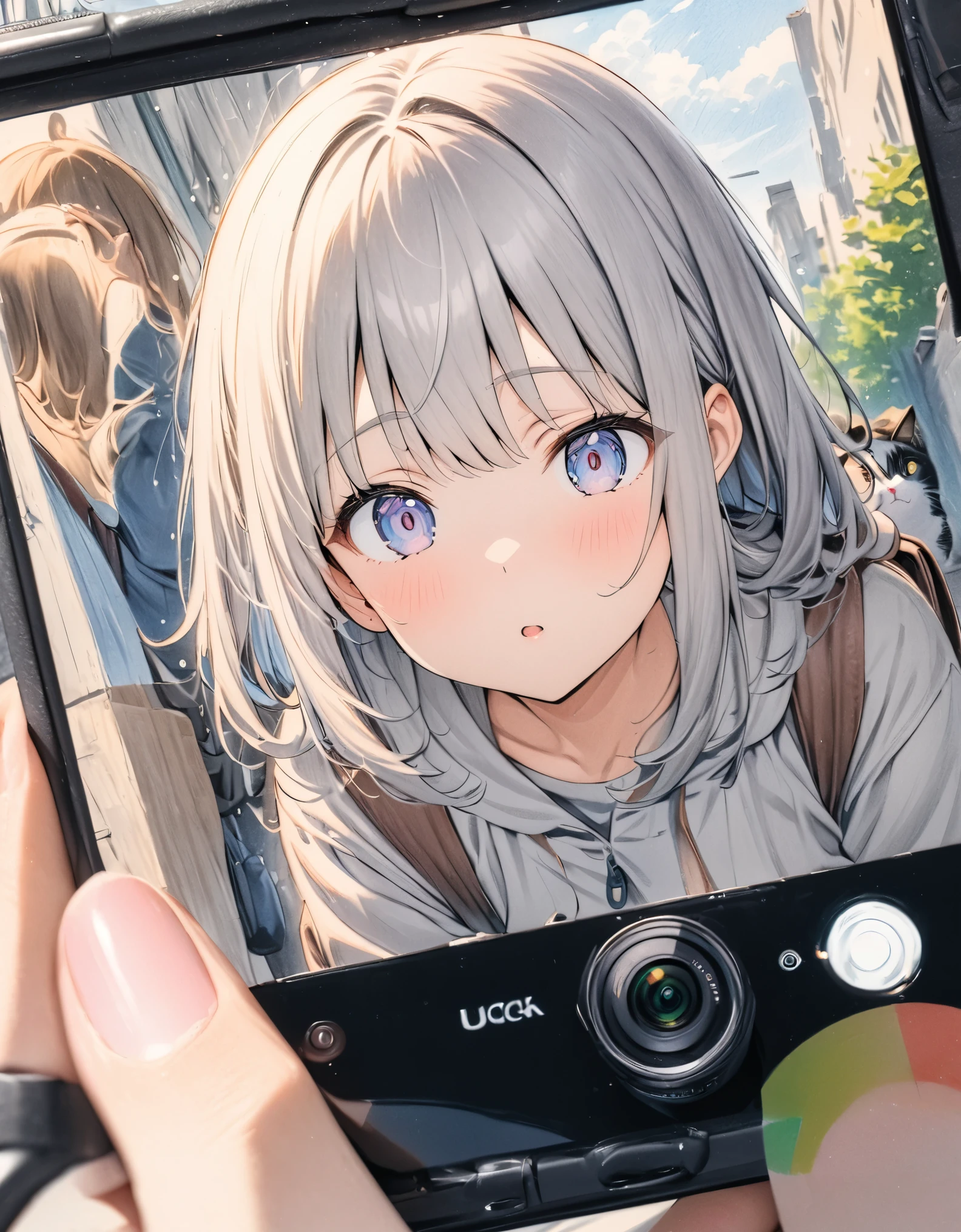 ((style:Colored pencil,pale colour)),(anime)、(masterpiece:1.2),Girl taking a photo、snapshot、A scene from everyday life、Crouching down to take a photo of a cat、Ruck sack、SLR、Light effects