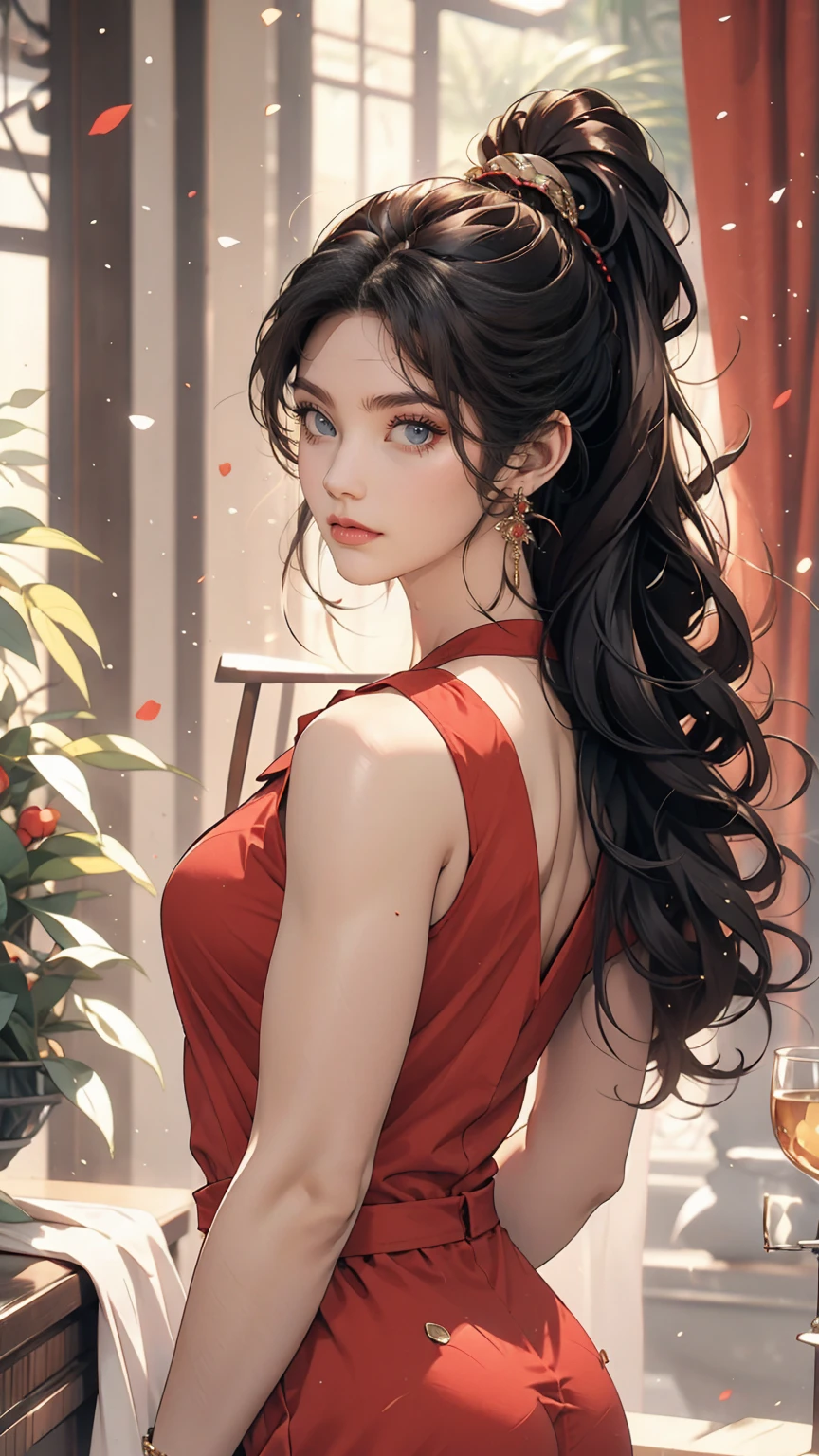 girl, Black Hair, 1980s (style), Red sleeveless dress, Long Hair,