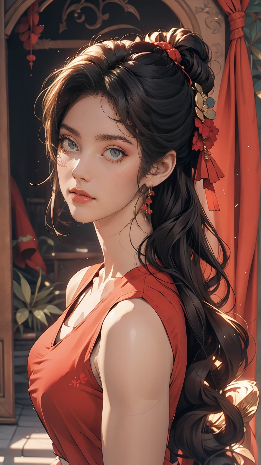 girl, Black Hair, 1980s (style), Red sleeveless dress, Long Hair,