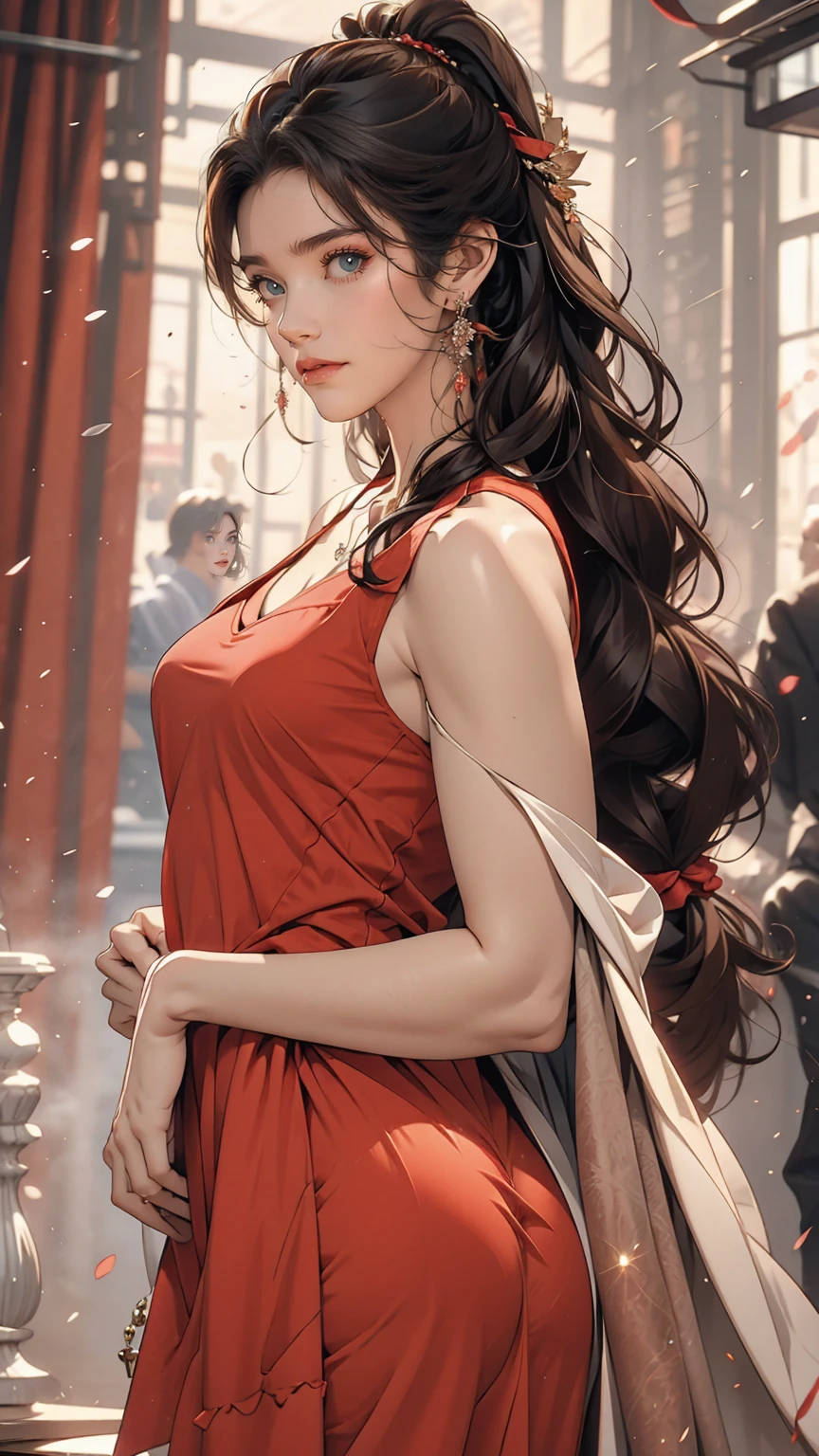 girl, Black Hair, 1980s (style), Red sleeveless dress, Long Hair,