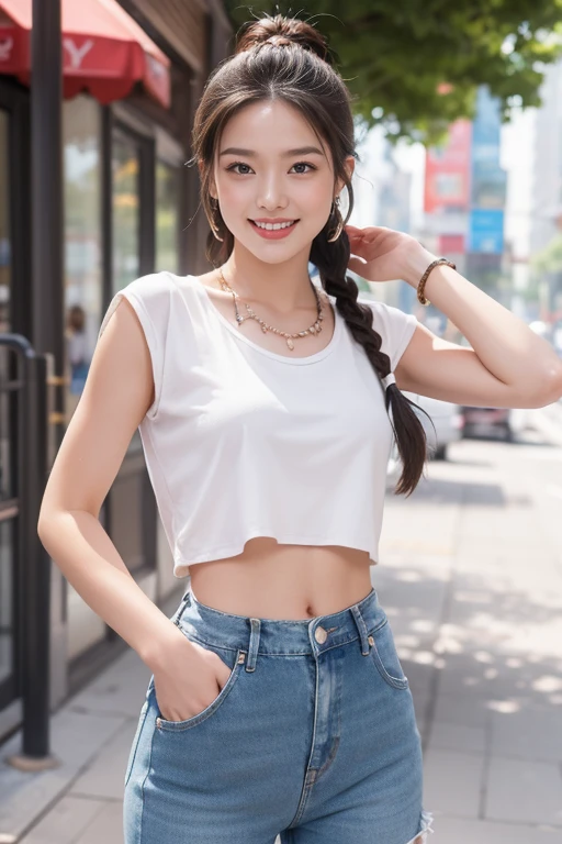 highest quality、4K、Perfect Face、Perfect Style、Sunburn、beautiful、stylish appeal、Mature、twin braid hair、Swept-back hair、at city 、full body, giddy smile 、hoop pierce、white short tops、jeans、beautiful abs