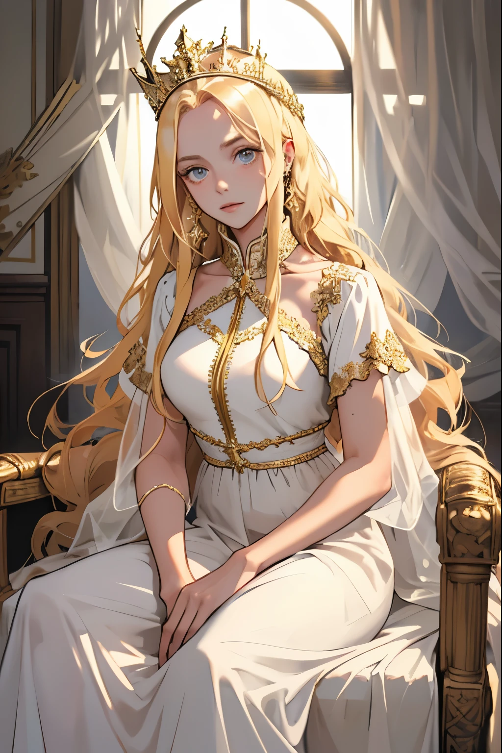 (masterpiece, highest quality), 1 Girl, alone, (Queen:1.15), Golden Hair, Long Hair, curtain, White Dress, Queen's Dress, Aurora, (sunlight, null, river, forest), Expressionless, Red eyes, (Art Nouveau:1.2), Alphonse Mucha, tiara, (Face focus, Upper Body), (Red Throne:1.12), Very intricate details, Realistic Light, smile