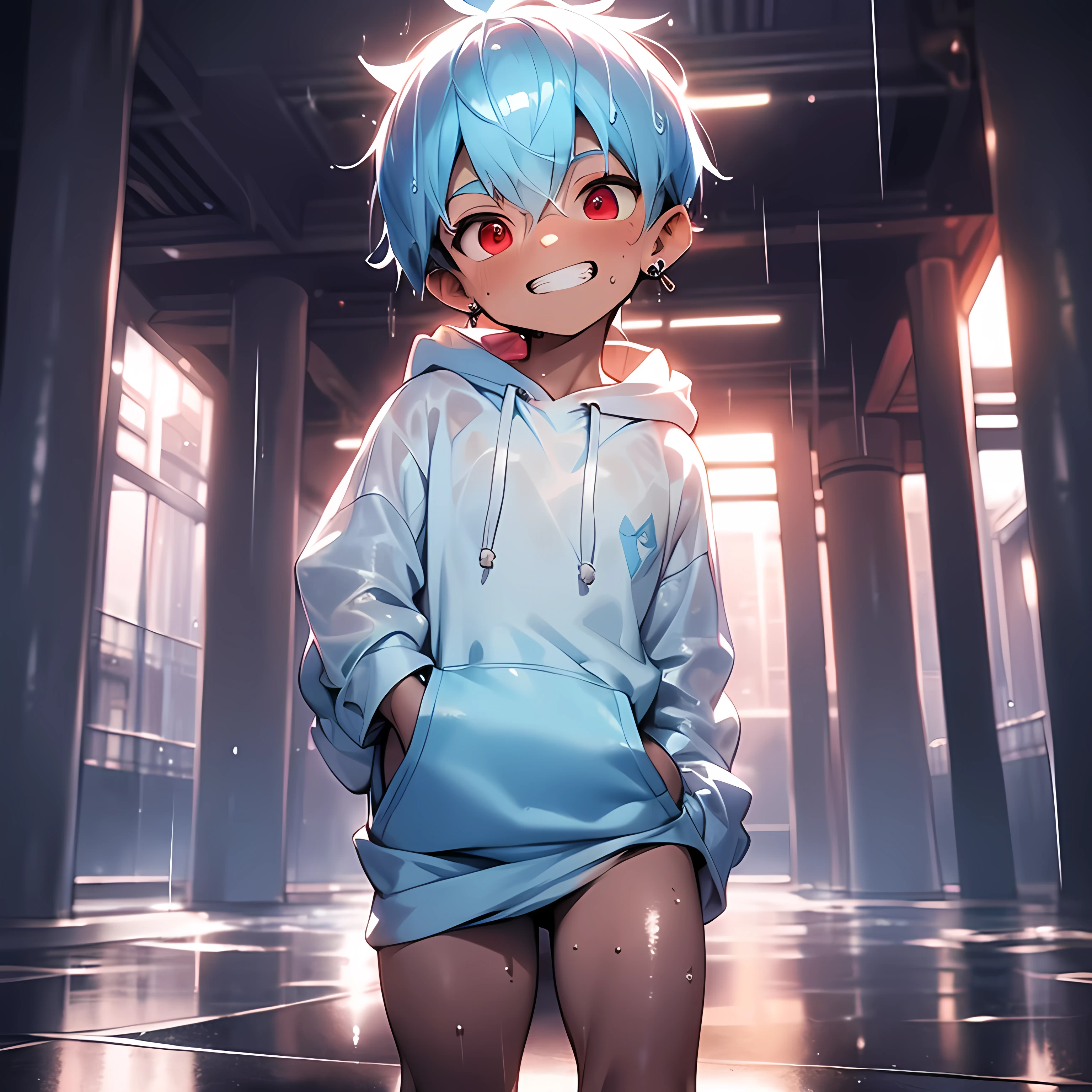 (dynamic pose:1.5), (arched back:1.4), (thighs:1.7), (best quality:1.5), (absolutely resolution:1.5), (ultra detailed:1.5), (masterpiece:1.5), (perfect face:1.5), (detailed face:1.5), (detailed eyes:1.5), (cute face), (shota:1.65), (white baggy hoodie:1.8), (strips pattern), (testicles:1.2), (bottomless:2), (((see through wet clothes))), (skinny:1.3), (spiked hair), BREAK (light blue hair:1.5), (wine red eyes:1.4), (eyes with high light), ((mole under eye)), (sweaty skin), BREAK (blush:1.3), (grin:1.3), ((earrings)), (shiny skin:1.3), BREAK (park:1.5), (at twilight:1.5), (heavy rain:1.5), (nipple), ((abs)), from below,