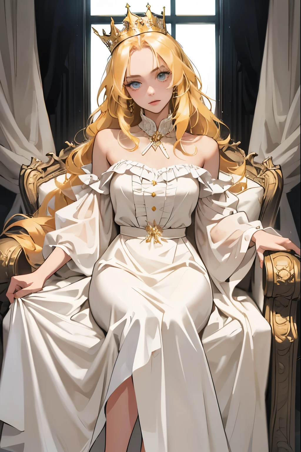 (masterpiece, highest quality), 1 Girl, alone, (Queen:1.15), Golden Hair, Long Hair, curtain, White Dress, Queen&#39;s Dress, Aurora, (sunlight, null, river, forest), Expressionless, Red eyes, (Art Nouveau:1.2), Alphonse Mucha, tiara, (Face focus, Upper Body), (Red Throne:1.12), Very intricate details, Realistic Light, smile