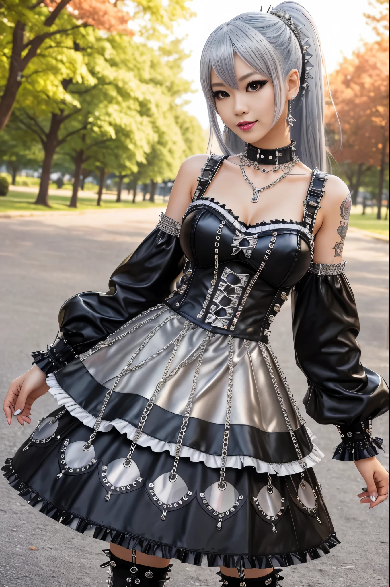 sexy stylish Japanese model, only 1 female, long multicolor stylish hair, ((shiny Punk-Style boots)), (welcoming smile), detailed makeup, lipgloss, ((sexy Punk ta cosplay)), unconventional skirt, petticoats, high neckline, ((ultra detailed lace)), ((ultra detailed embroidery)), intricate details, tartan patterns, ((silver chains)), ((silver spikes)), ((safety pins)), Punk Loliccessoires, Punk Lolita cr, ((large sparkling Punk Lolita jewel, cinematic light, detailed large park background with trees 