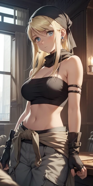 Winry Rockbell, winry rockbell, blue eyes, Blonde Hair, rest gloves, Umbilical cord, (((Large Breasts、Breast sagging、Low-cut,Cleavage,Wide hips,)), Bare shoulders, clavicle, earrings, diaphragm, Pants, Stomach, bare arm, Strapless, scarf, Drawstring, Pipe top, Grey gloves, rest indoors, rest looking at viewer, rest (masterpiece:1.2), best quality, high resolution, Unity 8k Wallpaper, (illustration:0.8), (Beautiful and delicate eyes:1.6), Extremely detailed face, Perfect lighting, Extremely detailed CG, (Perfect hands, Perfect anatomical structure),