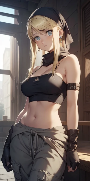 Winry Rockbell, winry rockbell, blue eyes, Blonde Hair, rest gloves, Umbilical cord, (((Large Breasts、Breast sagging、Low-cut，Cleavage，Wide hips,)), Bare shoulders, clavicle, earrings, diaphragm, Pants, Stomach, bare arm, Strapless, scarf, Drawstring, Pipe top, Grey gloves, rest indoors, rest looking at viewer, rest (masterpiece:1.2), best quality, high resolution, Unity 8k Wallpaper, (illustration:0.8), (Beautiful and delicate eyes:1.6), Extremely detailed face, Perfect lighting, Extremely detailed CG, (Perfect hands, Perfect anatomical structure),