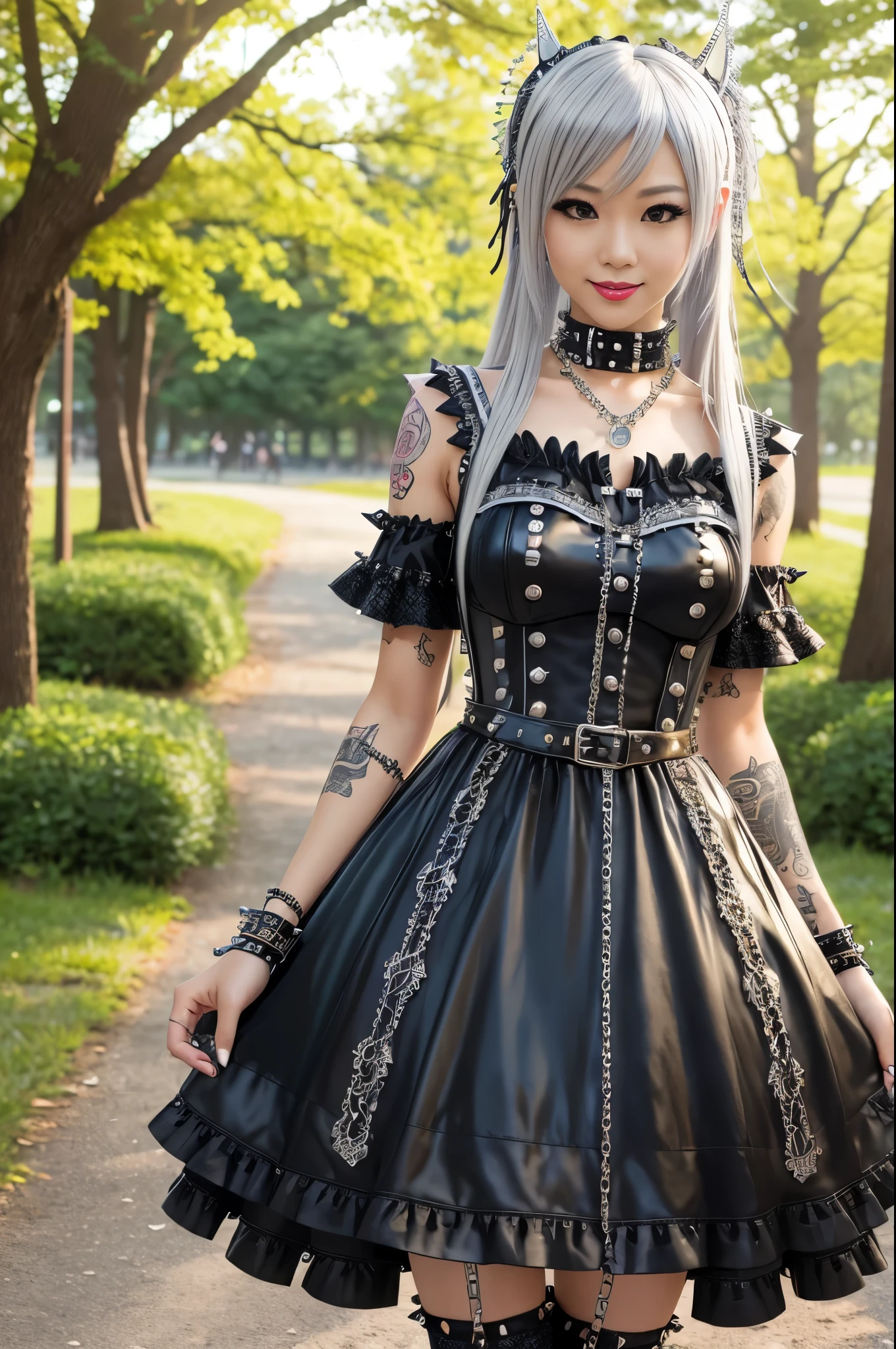 sexy stylish Japanese model, only 1 female, long multicolor stylish hair, ((shiny Punk-Style boots)), (welcoming smile), detailed makeup, lipgloss, ((sexy Punk Lolita cosplay)), unconventional skirt, petticoats, high neckline, ((ultra detailed lace)), ((ultra detailed embroidery)), intricate details, tartan patterns, ((silver chains)), ((silver spikes)), ((safety pins)), Punk Lolita accessoires, Punk Lolita choker, ((large sparkling Punk Lolita jewelry)), cinematic light, detailed large park background with trees 