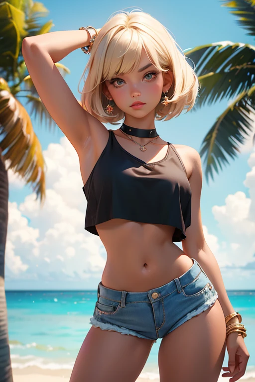Teenage girl-model 18 years old, beautiful, blonde, bob hair, bangs, brown eyes, beautiful figure, girl wearing crop shirt and too short mini shorts, beautiful long legs, slave bracelets, slave choker, manicure, cute makeup, flirtatiously posing, hot summer, hot flirty, sexy posing, summer outfit, top quality, higest quality, pin-up style, retro 80s style, Daisy Dukes style, slave girl, Miami vibes,