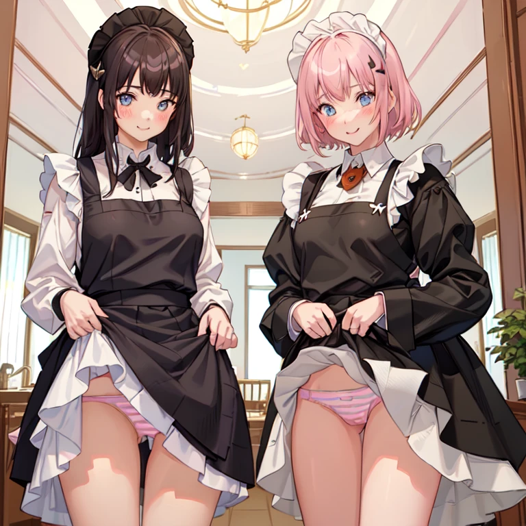 highest quality、masterpiece、((2 girls:1.5))、((smile:1.3))、(blush:1.3)、Black Shirt、blouse、((fun!!))、(Small breasts)、()、Blonde、(Long sleeve)、((White apron:1.5))、((Maid))、((hair ornaments)),、Kamimei、look at me、 ((in house:1.5))、 Taking a break from watching the audience、Cowboy Shot、(Skirt lift:1.3),(Highly detailed pink striped panties:1.3)、(Highly detailed panties:1.3)、、(スカート that rolls up:1.3)、(Panties fully exposed:1.5)、Light blue eyes、long hair、Glowing Eyes