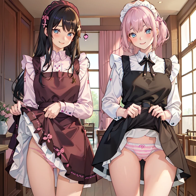 highest quality、masterpiece、((2 girls:1.mile:1.3))、(blush:1.3)、Black Shirt、blouse、((fun!!))、(Small breastsonde、(Long sleeve)、((White apron:1.5))、((Maid))、((hair ornaments)),、Kamimei、look at me、 ((in house:1.5))、 Taking a break from watching the audience、Cowboy Shot、(Skirt lift:1.3),(Highly detailed pink striped panties:1.3)、(detailed panties:1.3)、、(スカート tls up:1.3)、(Panties fully exposed:1.5)、Lue eyes、long hair、Glowing Eyes