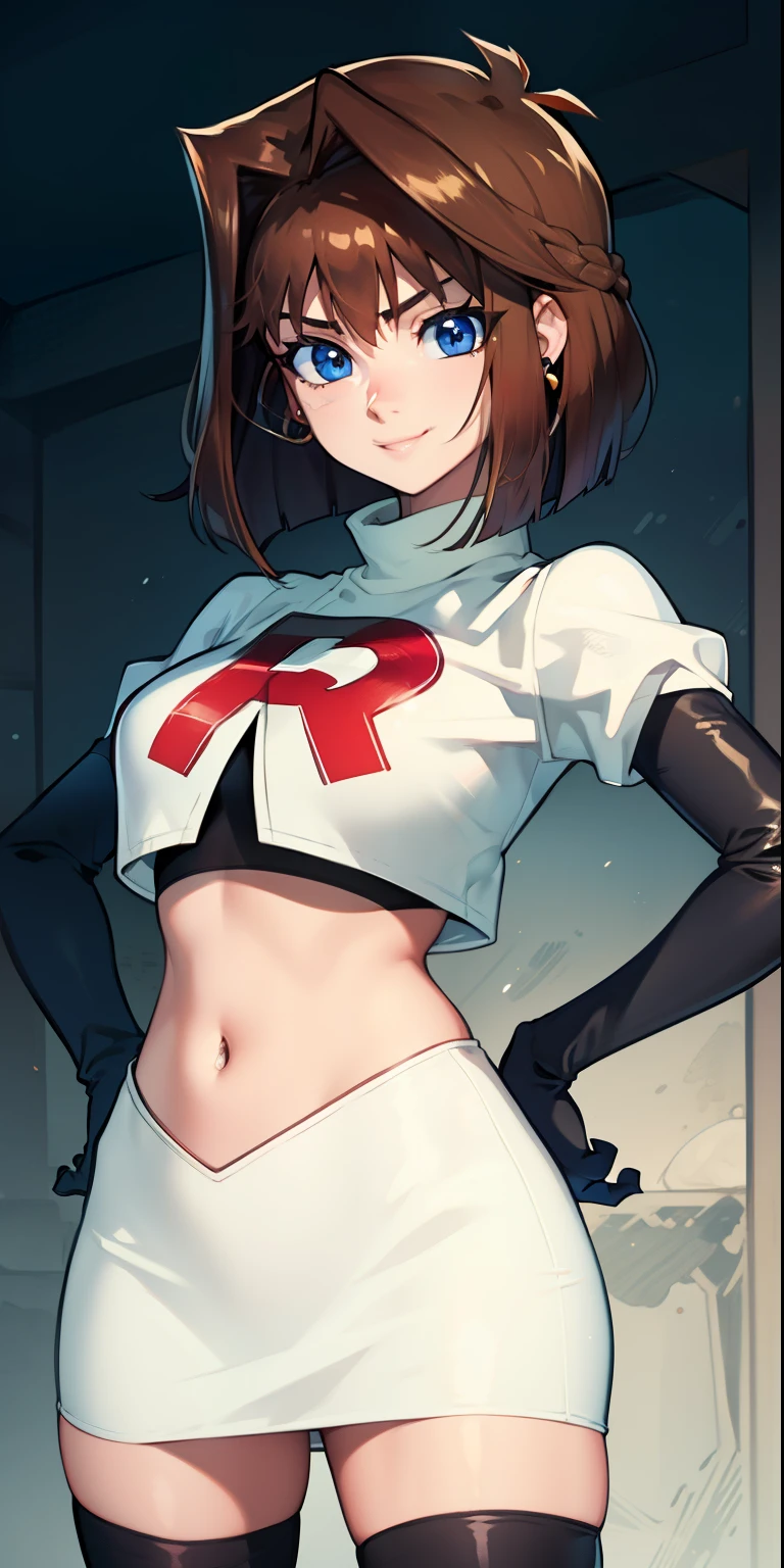 
aamazaki,(antenna hair:1.2),(brown hair),(blue eyes),earrings, glossy lips ,team rocket uniform, red letter R, white skirt,white crop top,black thigh-high boots, black elbow gloves, evil smile, hands on hips