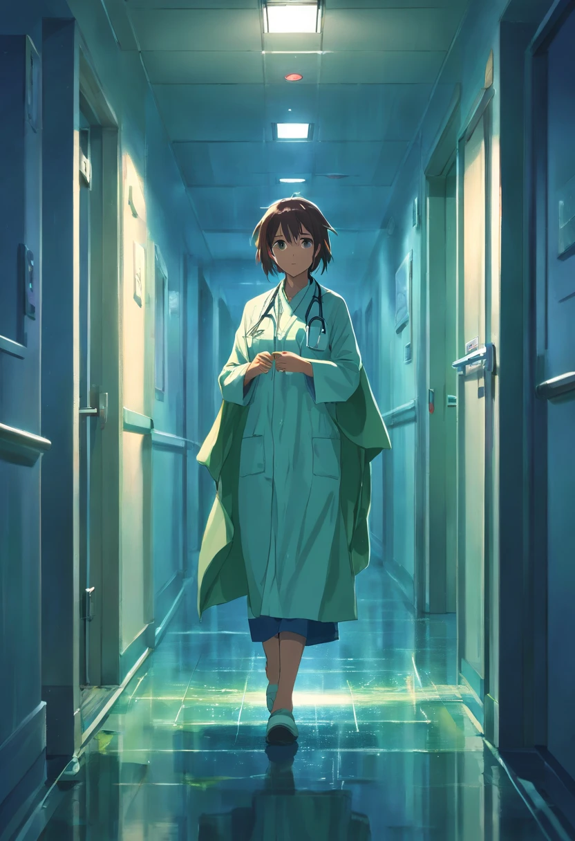 ((Late Night Hospital)),Dark Hallway,Woman holding a shawl,Scary atmosphere,Dark Hallwayの女性,mystical figure,(It was raining heavily outside the window:1.2),Thunder,The hallways are creepy,Lightning brings a ray of light