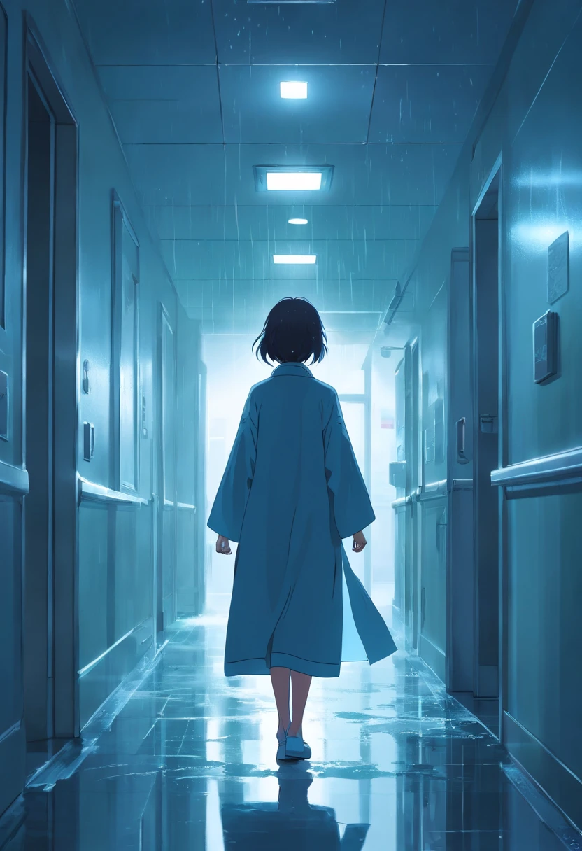 ((Late Night Hospital)),Dark Hallway,Woman holding a shawl,Scary atmosphere,Dark Hallwayの女性,mystical figure,(It was raining heavily outside the window:1.2),Thunder,The hallways are creepy,Lightning brings a ray of light