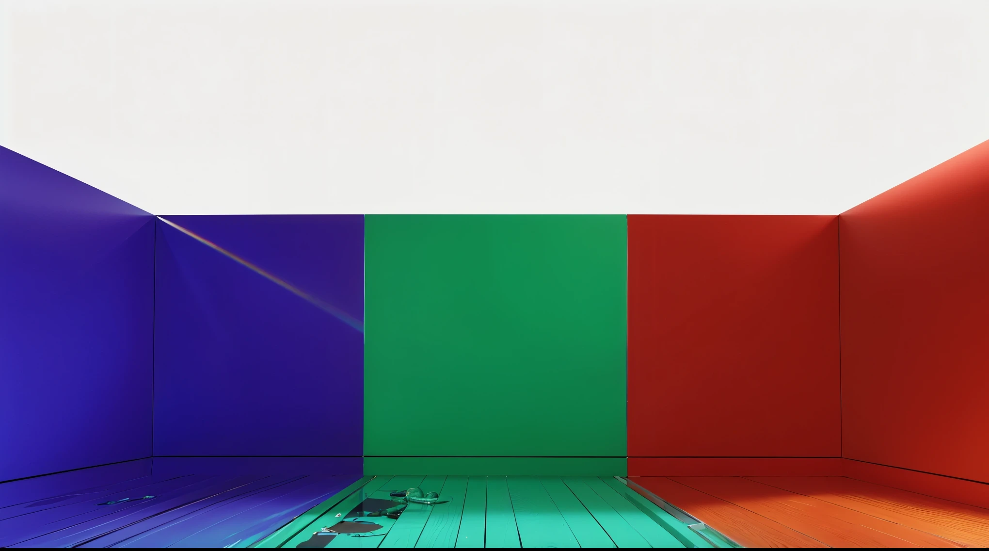 An empty room with a wooden floor, colored walls (red, blue, and green) and a white ceiling. The walls meet at a corner, creating a rainbow color effect on the floor. glossy texture, smooth 3d model, multiple light sources, rim light, sharp post effects render, (glossy plastic texture with multiple big light probe refractions), perfect cgi, smooth silhouette, high intensity refraction, (super glossy material), most beautiful vfx, blue background, plastic refractions, realistic, 4k, high resolution, rim light,  photo shoot, commercial photo,  profile shot, 4k, rim light, high resolution, 4k, glossy texture, smooth 3d model, multiple light sources, rim light, sharp post effects render, (glossy metallic texture with multiple big light probe refractions), perfect cgi, cgi art created only with gradients, smooth silhouette, high intensity refraction, (super glossy chrome material), most beautiful vfx, blue background, chrome metal refractions, multiple light sources, rim light, sharp post effects render, perfect cgi, digital art, detailed digital art, reflective, bestPurple creature with black eyes and a smile and a pool in its mouth deep children's water pool filled with beautiful water with waves. A young girl sits on a pool float with an alien character in the background. The image depicts a close-up of a large, metallic spider-like robot with six legs and a body that resembles a combine