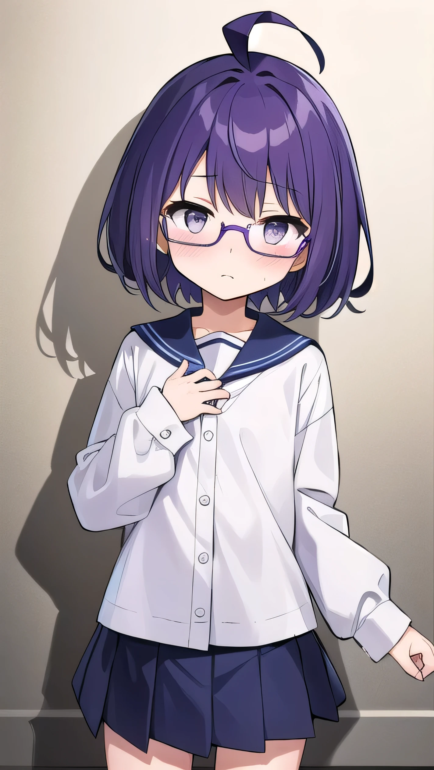 (Purple hair:1.4), gray eyes, white , navy blue miniskirt, 11 years old, short, short long hair, kind expression, shy, slightly exposed. hair,(flipped hair ), flipped hair, long sleeves, ahoge, girl alone, flipped hair, flipped hair, flipped hair, flipped hair, glasses with no edges, embarrassed, flat chest