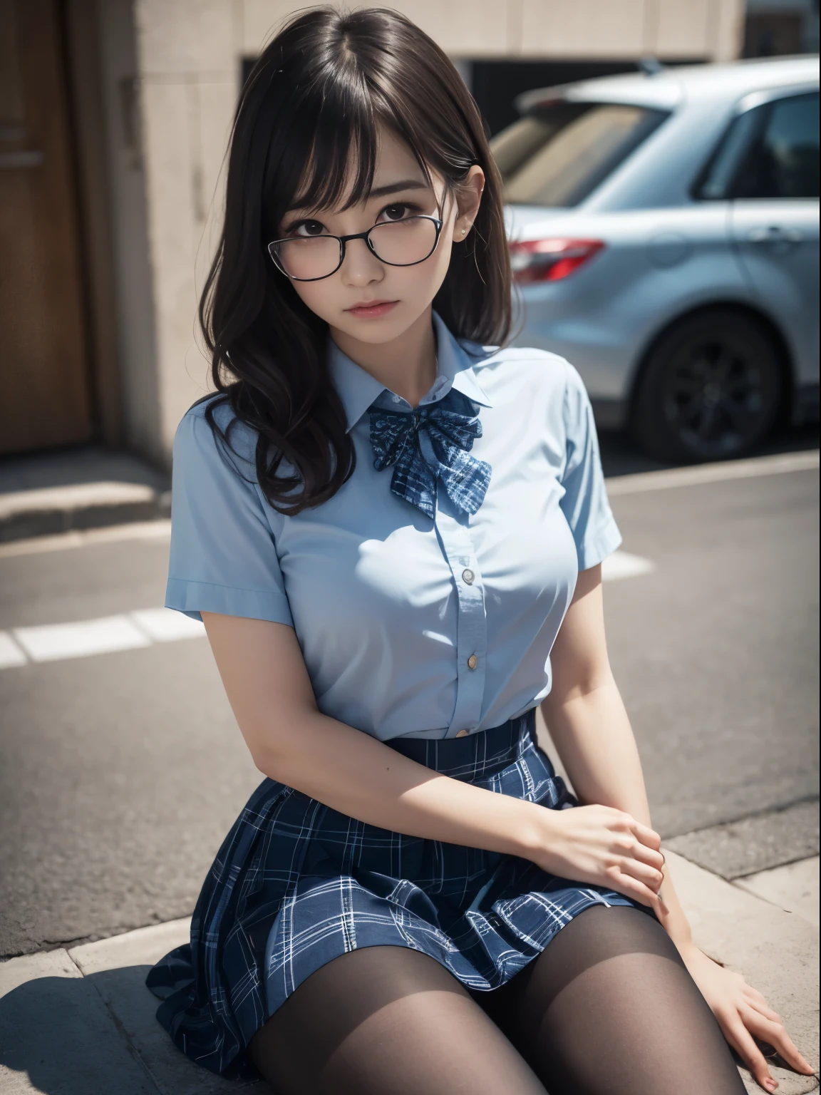 (8K、RAW shooting、Highest quality、masterpiece:1.2),strong,Plump,Erotic,pupil,Light blue bra,De Pere Blanca,Kune,(Black Pantyhose),Disorganized,Small face,,Flat chest,Parting the bangs from the middle、The forehead is visible,(Cold look,Tight eyes,Glare,strong,Are thin,File crying,irascible)、masterpiece,Highest quality,Ultra-high resolution,生photograph,Benevolence,Beautiful shit,one person, solo,Glasses,,Dark look、Small breasts、Plump、丸Glasses、cute、JK、high school girl、Japanese women、Are standing、(PhotoReactive:1.37)、Photon Mapping、Realistic、Cute little face、Brown eyes、Black socks、(Red bow tie)、Radio City、Physically Based Rendering、prospect、Depth of written boundary、Blurred Background、photograph、girl、body、Beautiful feet、Long legs、Thin legs、(I can see the bangs)、 hair、lips、Blue_The目、nose、(Light blue shirt)、(Navy and blue checkered pleated skirt)、I can see your knees、See-through clothing、Thighs、Black cotton socks、Nogizaka Idol、、Japanese Ido