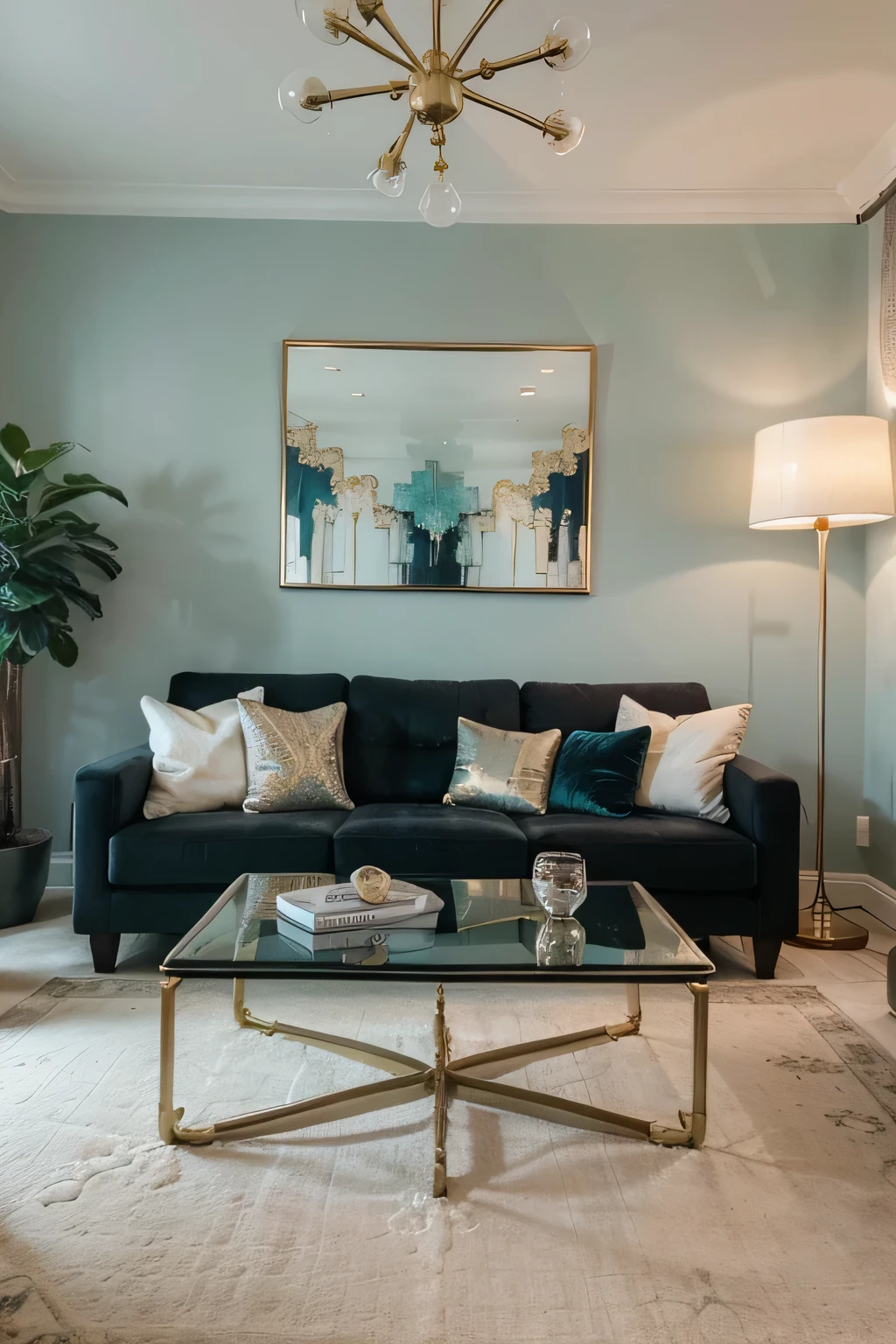 an elegant living room with turquoise walls and blue couches and sof, cyan and gold scheme, living room interior design, teal white gold color palette, gold and teal color scheme, interior decoration, turquoise gold details, interior design living room, monochromatic teal, living room interior, soft blue living room, elegant design, white and teal metallic accents, interior design, luxurious environment, royally decorated, lavishly decorated, glowing hue of teal, teal lighting, islamic interior design, brightly lit blue room