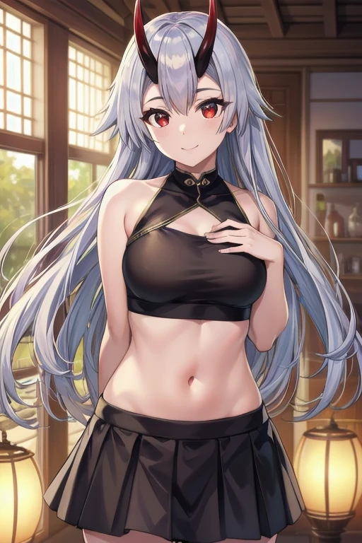 Masterpiece, best quality, 4k, 8k, highres, ultra-detailed, realistic, photorealistic, detailed portrait of Tomoe Gozen, Torino style, 1 person, beautiful detailed red eyes, cute smile, looking directly at viewer, long silver hair with bangs, oni horns, hands behind back, short skirt, crop top, intricate details, dynamic pose