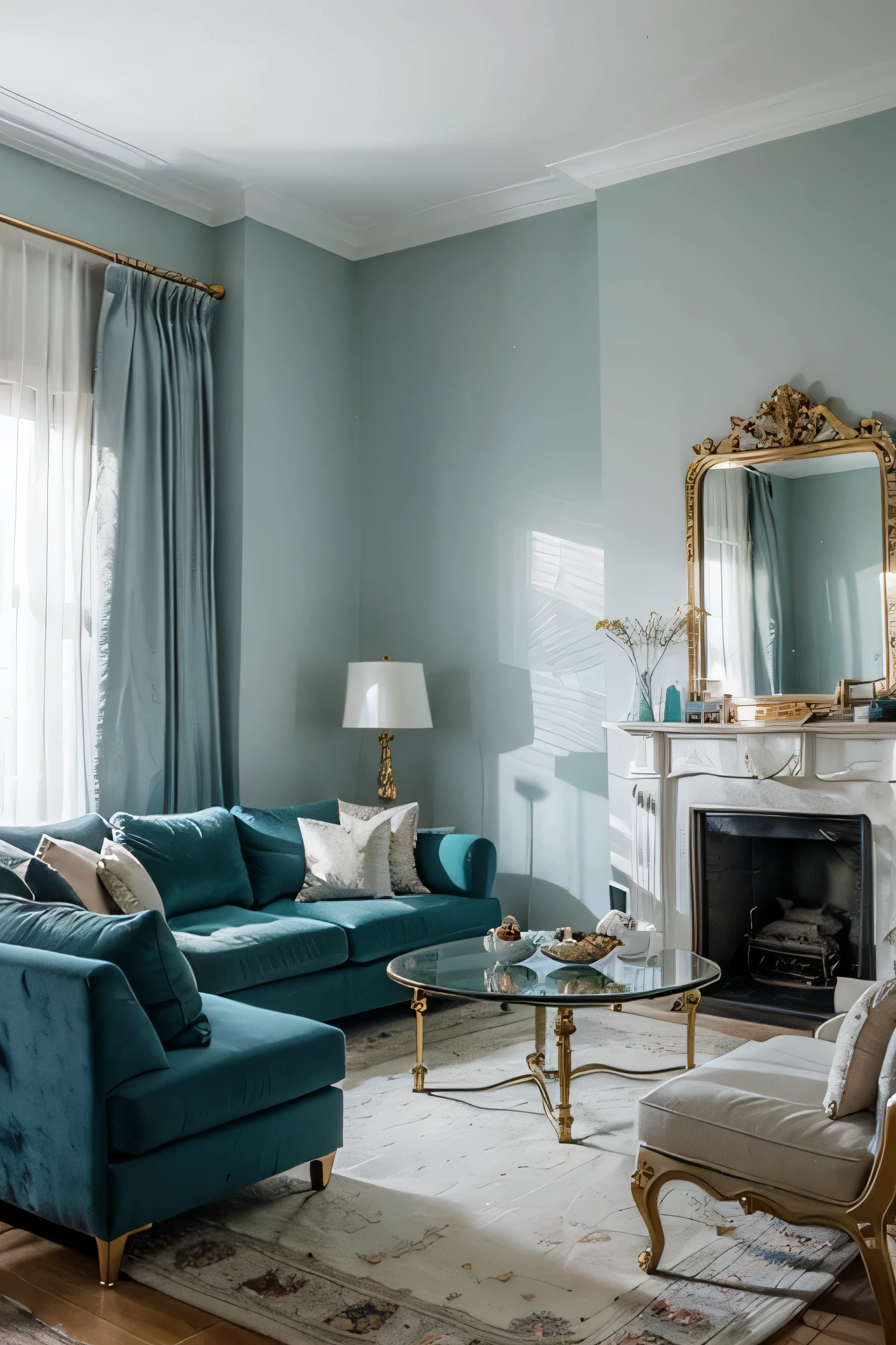 an elegant living room with turquoise walls and blue couches and sof, cyan and gold scheme, living room interior design, teal white gold color palette, gold and teal color scheme, interior decoration, turquoise gold details, interior design living room, monochromatic teal, living room interior, soft blue living room, elegant design, white and teal metallic accents, interior design, luxurious environment, royally decorated, lavishly decorated, glowing hue of teal, teal lighting, islamic interior design, brightly lit blue room