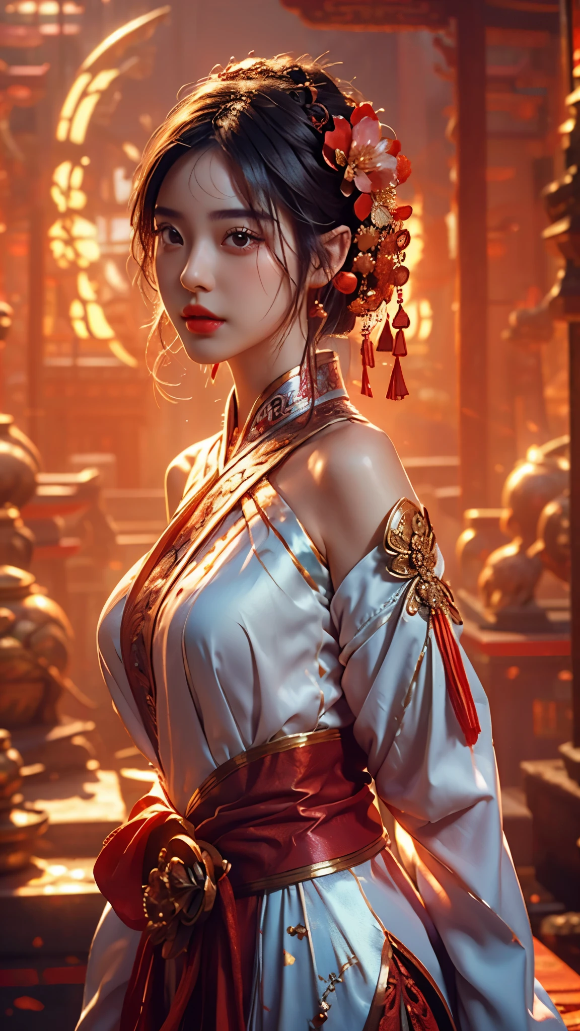1girl,fashion girl in chinese dress,black hair with hair flower,looking at viewer,big breasts,cleft lip,(best quality,8k,photorealistic,masterpiece:1.4),(shiny skin),(red lips)