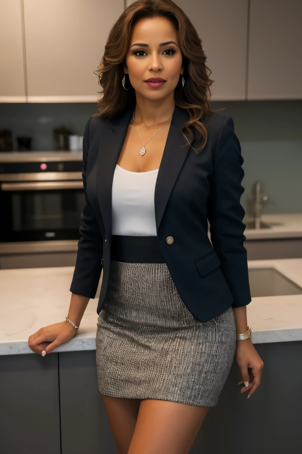 une femme 30 ans latina metisse tres realiste, debout en posiition de force, mini jupe,blazer,talons hauts,Best quality,4k,8k,ultra embauches,Realistic,photo Realistic,Photo brute,hdr,Sharpness,skin imperfections,chef-d'artwork,atmospheric, Pose 1.4 to the camera , facing the'avant , front to camera ,