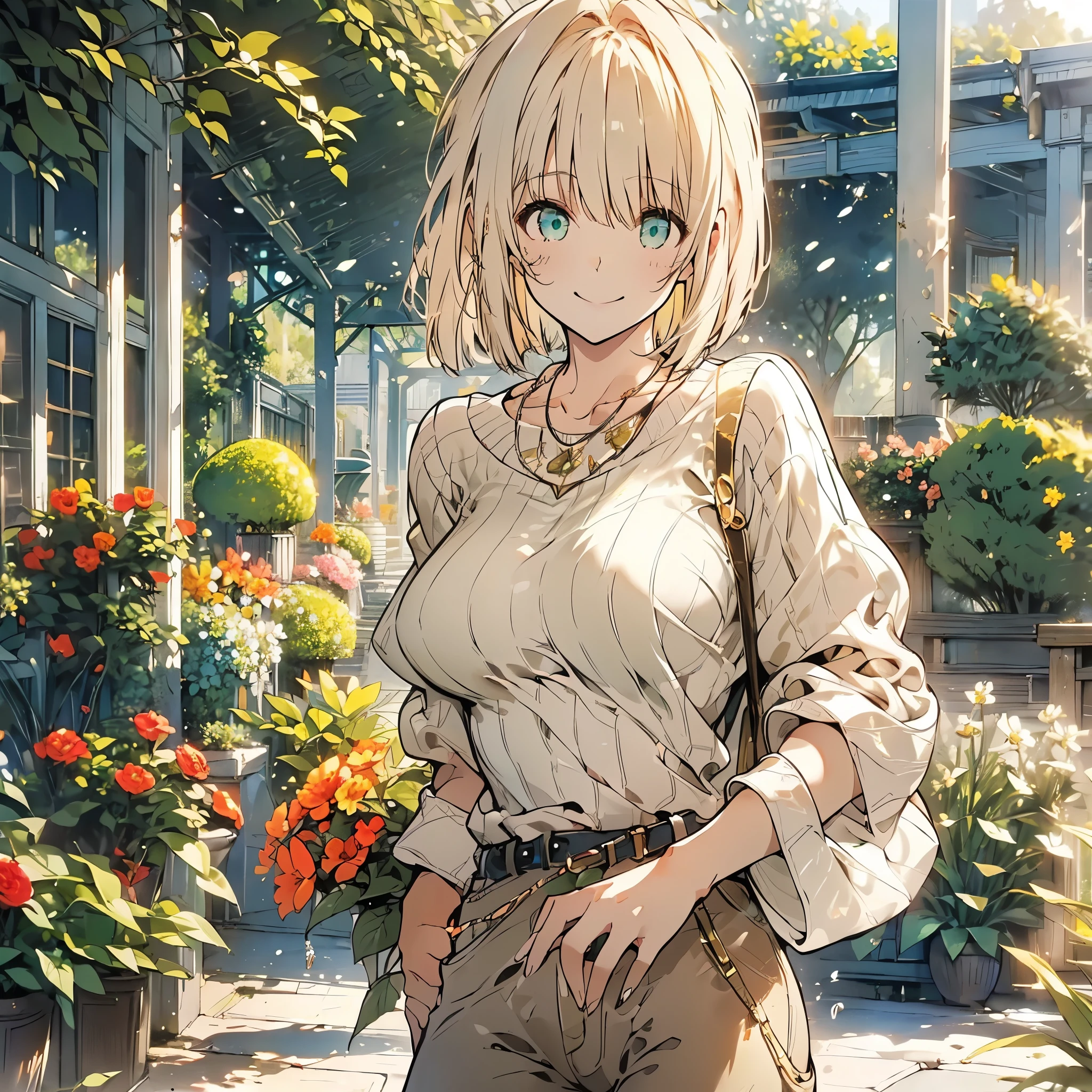 ((Fantasy　Beige Hair　Short Bob　White knit　Green Necklace　Large Breasts))　((Flower Garden　Bathed in light　Splash　sun　Peaceful scenery))　(smile　Flowing hair　Open your eyes a little)　Denim pants　Small Bag　Stylish　Beauty　Shining Edge　Shining Background