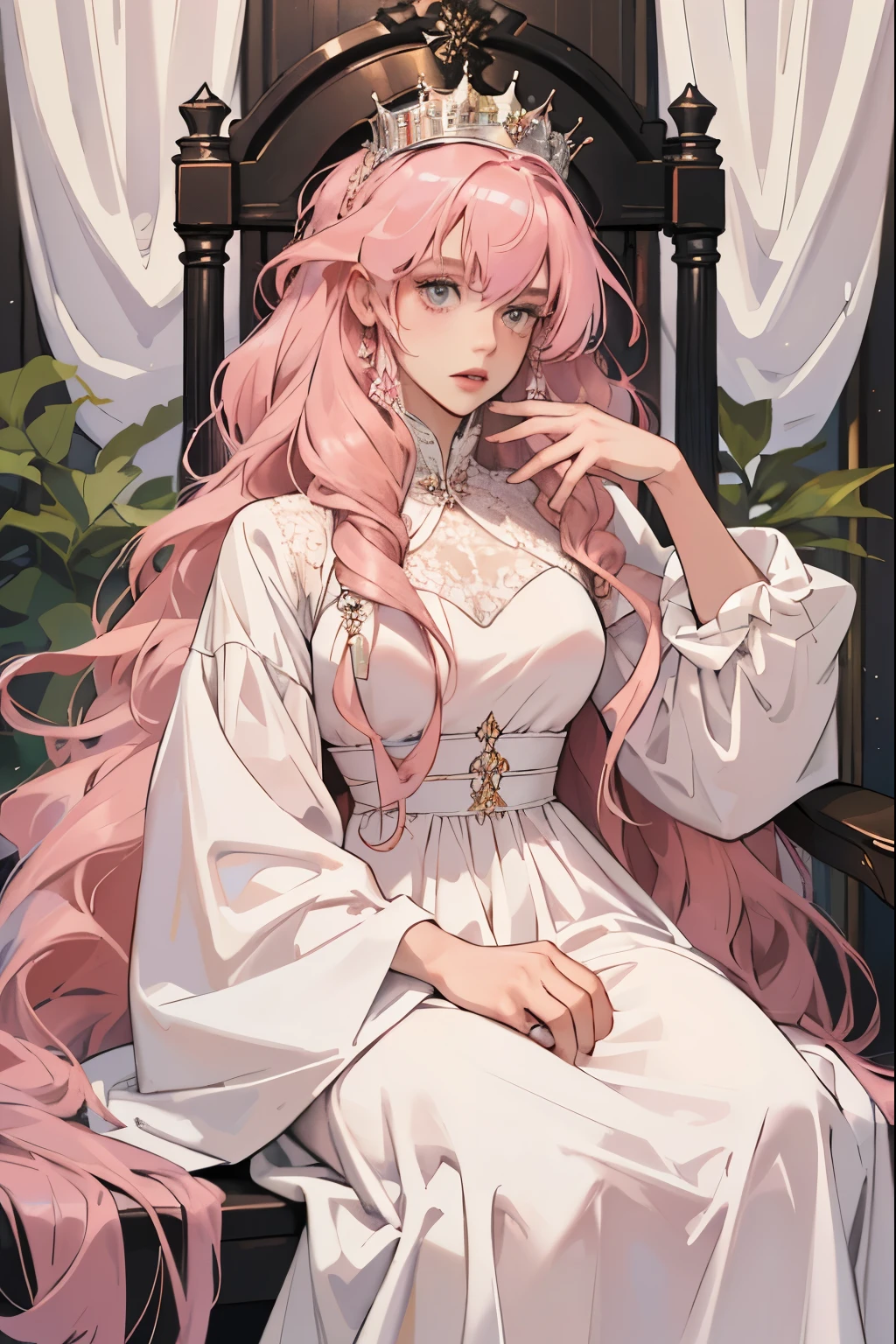 (masterpiece, highest quality), 1 Girl, alone, (Queen:1.15), Pink Hair, Long Hair, curtain, White Dress, Queen&#39;s Dress, Aurora, (sunlight, null, river, forest), Expressionless, Red eyes, (Art Nouveau:1.2), Alphonse Mucha, tiara, (Face focus, Upper Body), (Red Throne:1.12), Very intricate details, Realistic Light, smile