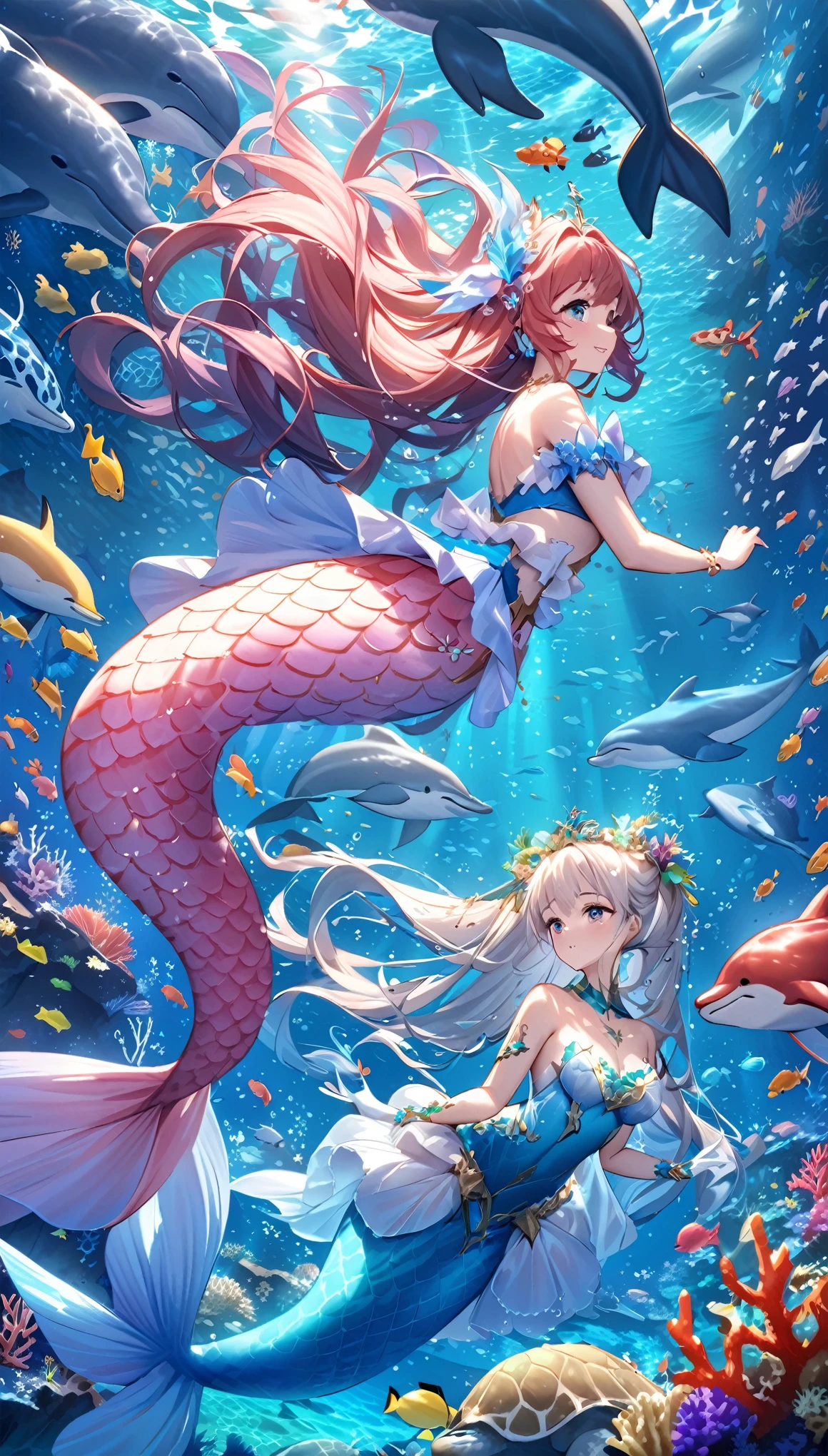 In the mysterious and splendid underwater world, the mermaid princess swims freely in a colorful coral thicket. The sunlight shines through the clear seawater and sprinkles on the coral, emitting a soft and charming light. Her fish tail shimmered with a sparkling luster, dancing in the azure seawater as if dancing with the surrounding marine creatures. Surrounded by colorful tropical fish schools, they played happily, adding vitality and energy to this underwater world. In the distance, giant sea turtles leisurely swim, while a group of dolphins leap out of the sea, flipping happily. Please describe the spectacular scene of this underwater world, highlighting the harmonious coexistence of mermaid princesses and marine creatures. Through delicate brushstrokes and rich colors, showcase the mystery and beauty of the underwater world,mermaid_princess, undersea_world, coral_reef, sunlight, seawater, school_of_fish, sea_turtle, dolphin, harmonious_coexistence, mysterious, beautiful
,(masterpiece, best quality:1.2)