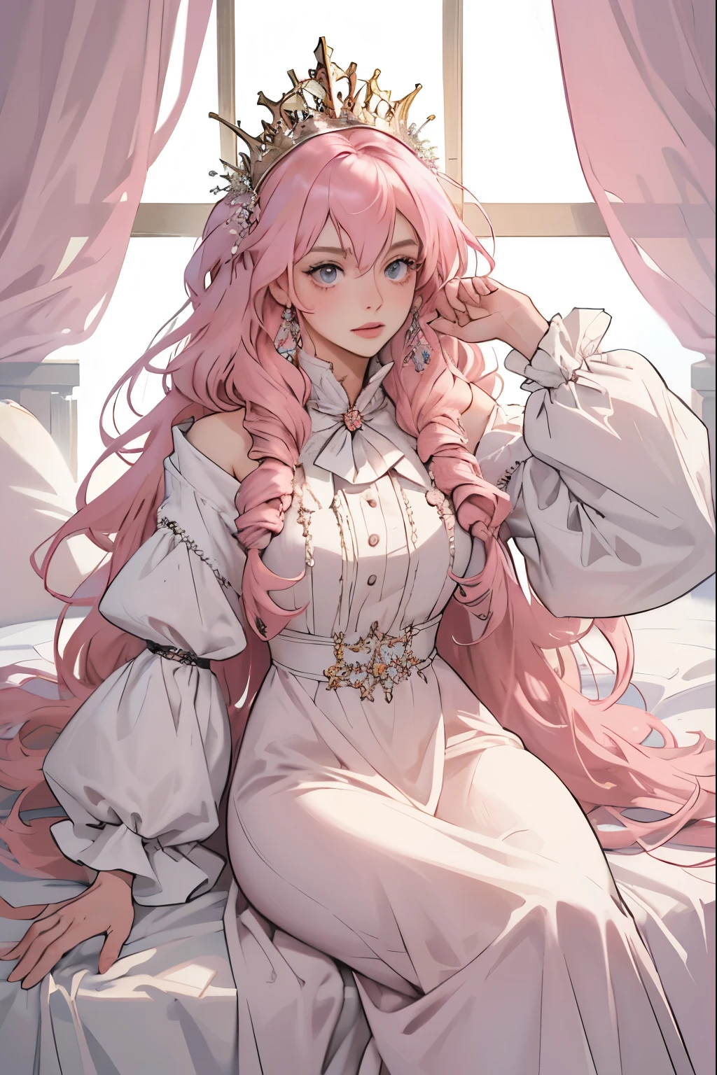 (masterpiece, highest quality), 1 Girl, alone, (Queen:1.15), Pink Hair, Long Hair, curtain, White Dress, Queen&#39;s Dress, Aurora, (sunlight, null, river, forest), Expressionless, Red eyes, (Art Nouveau:1.2), Alphonse Mucha, tiara, (Face focus, Upper Body), (Red Throne:1.12), Very intricate details, Realistic Light, smile