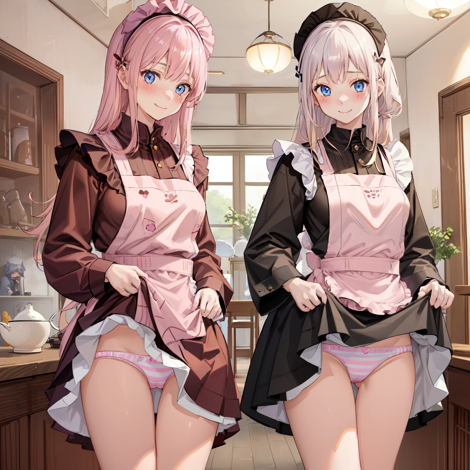 highest quality、masterpiece、((2 girls:1.5))、((smile:1.3))、(blush:1.3)、Black Shirt、blouse、((fun!!))、(Small breasts)、()、Blonde、(Long sleeve)、((White apron:1.5))、((Maid))、((hair ornaments)),、Kamimei、look at me、 ((in house:1.5))、 Taking a break from watching the audience、Cowboy Shot、(Skirt lift:1.3),(Highly detailed pink striped panties:1.3)、(Highly detailed panties:1.3)、、(スカート that rolls up:1.3)、(Panties fully exposed:1.5)、Light blue eyes、long hair、Glowing Eyes