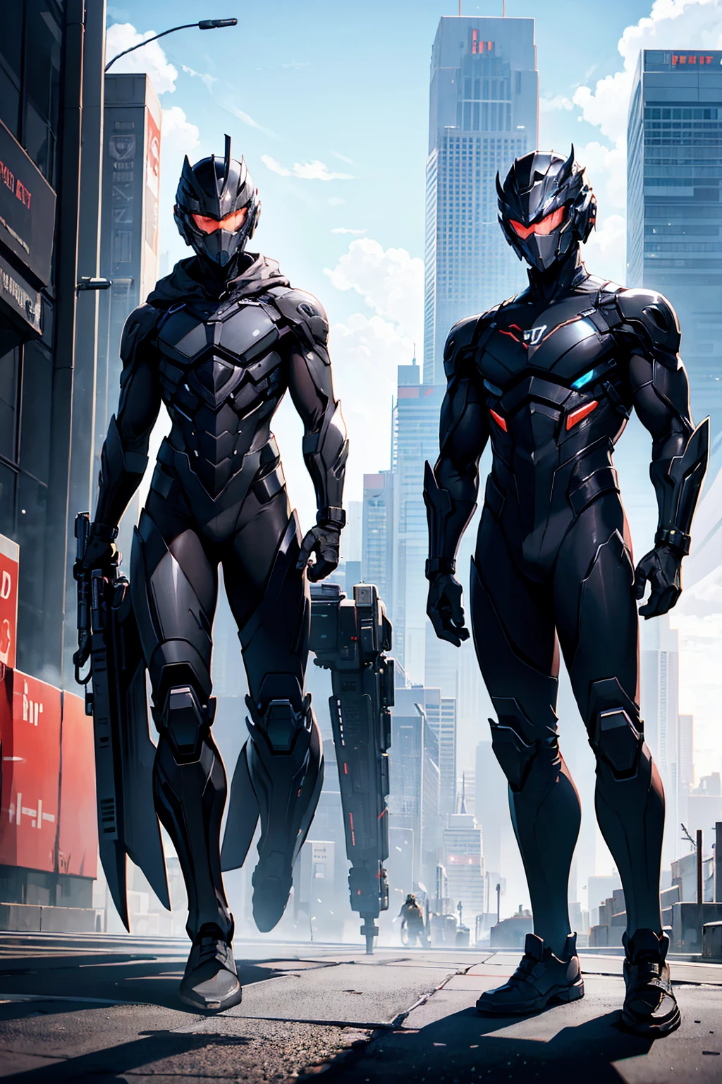 A boy wearing black High-Tech suit black High-tech tactical helmet sci-fi city full-body shot Hero character design