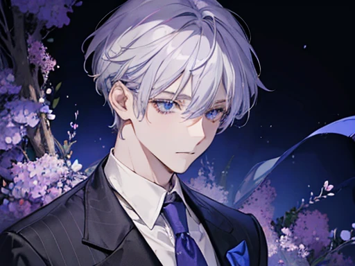 1 male, Gray Hair, Purple formal suit, blue eyes