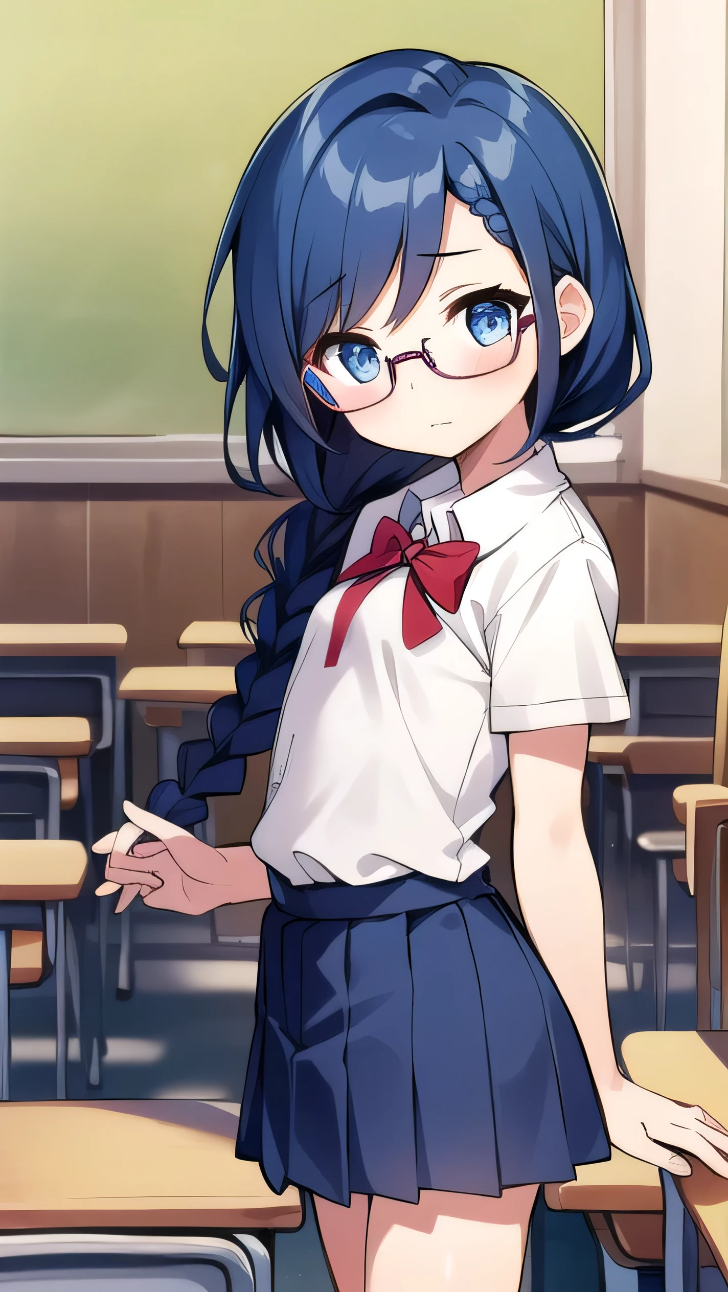 small breasted girl, short, elementary school student, blue hair, single braid, blue eyes, round eyes, shy, shy, classroom, short, young face, short height, , glasses with no edges,flat chest,