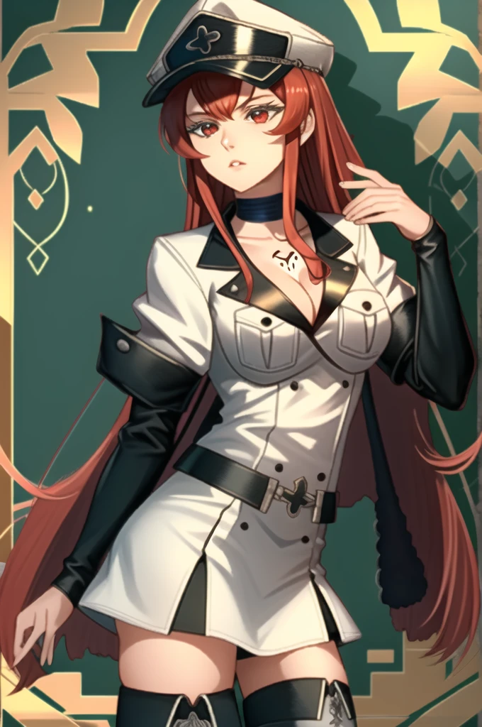 (masterpiece, best quality), intricate details,
1girl, Monica, red hair, red eyes, long hair, hat, peaked cap, military, uniform, military uniform, choker, thighhighs, boots, thigh boots, white footwear, chest tattoo,