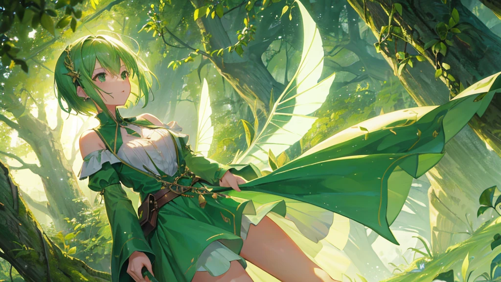 girl with green short hair, green royal clothes, green fairy wings, cute girl, leave, royal forest, 8k resolution