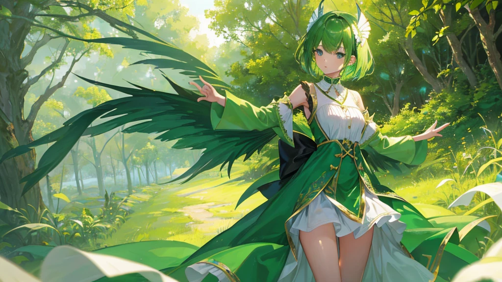 girl with green short hair, green royal clothes, green fairy wings, cute girl, leave, royal forest, 8k resolution
