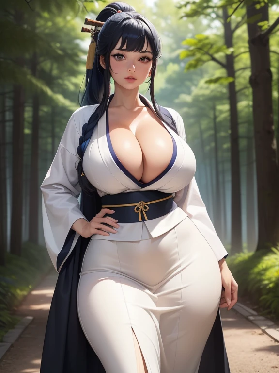 {{{masterpiece}}}, {{{best quality}}}, {{Extremely detailed}}, {movie lighting}, {illustration}, {Beautiful and delicate eyes}, {1 Girl}, Very detailed, 1 Girl, Solitary, A beautiful samurai warrior, Blue hair tied into a long ponytail, Wearing a white and black kimono, warrior, Serious, Brown eyes, Huge breasts, (((Large Breasts、Breast sagging、Low-cut,Cleavage,Wide hips,))((Hourglass figure)), For the audience, outdoor, Woodland Background, Very detailed face and clothing, Slightly narrowed eyes, Perfect face, White skin, Hair bangs, long hair, Cowboy shooting, Noble and beautiful, Japanese traditional clothing, Samurai woman
